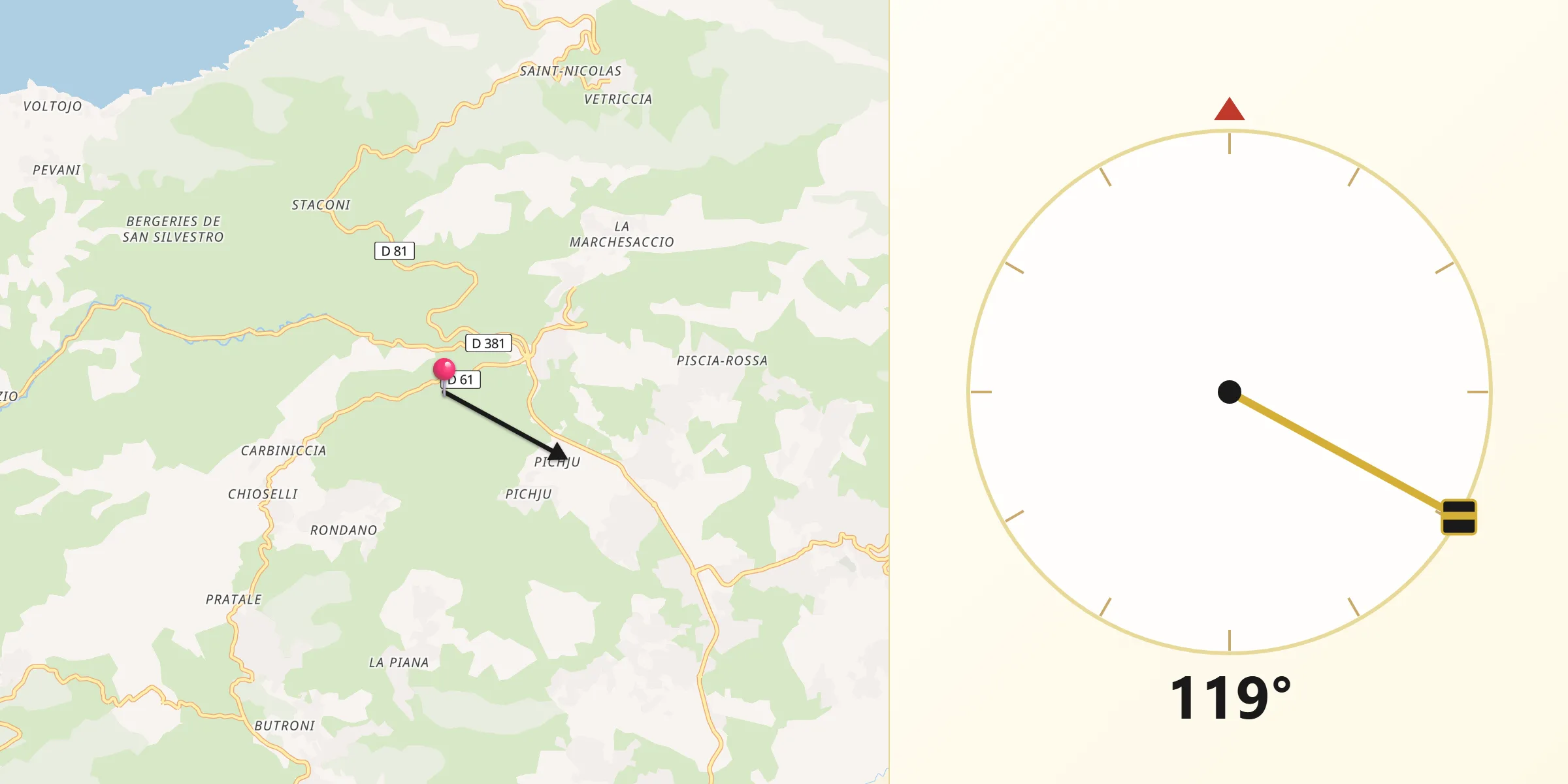 Direction vers la Qibla depuis Sarrola-Carcopino