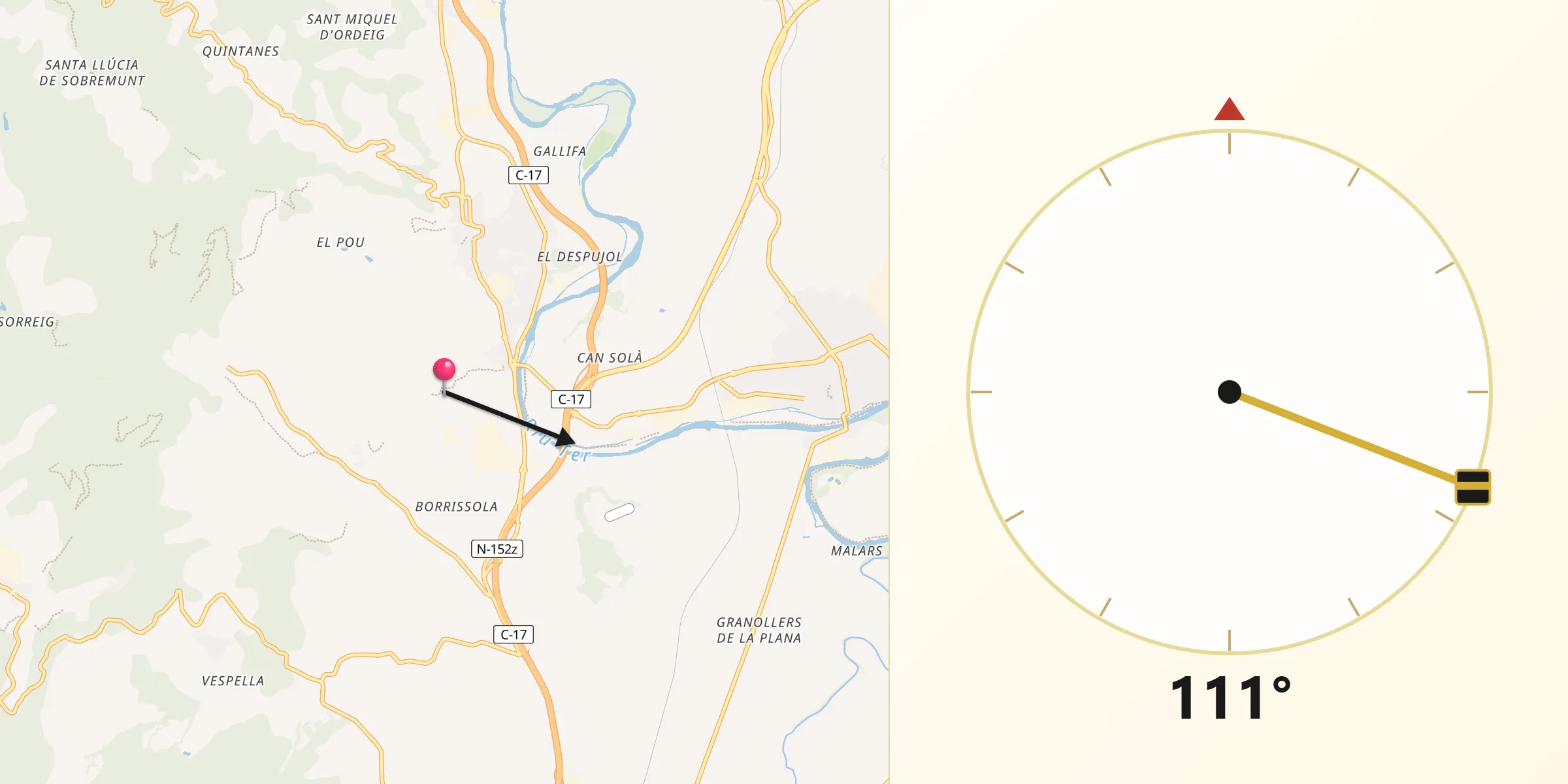 Dirección de la Qibla desde Santa Cecília de Voltregà