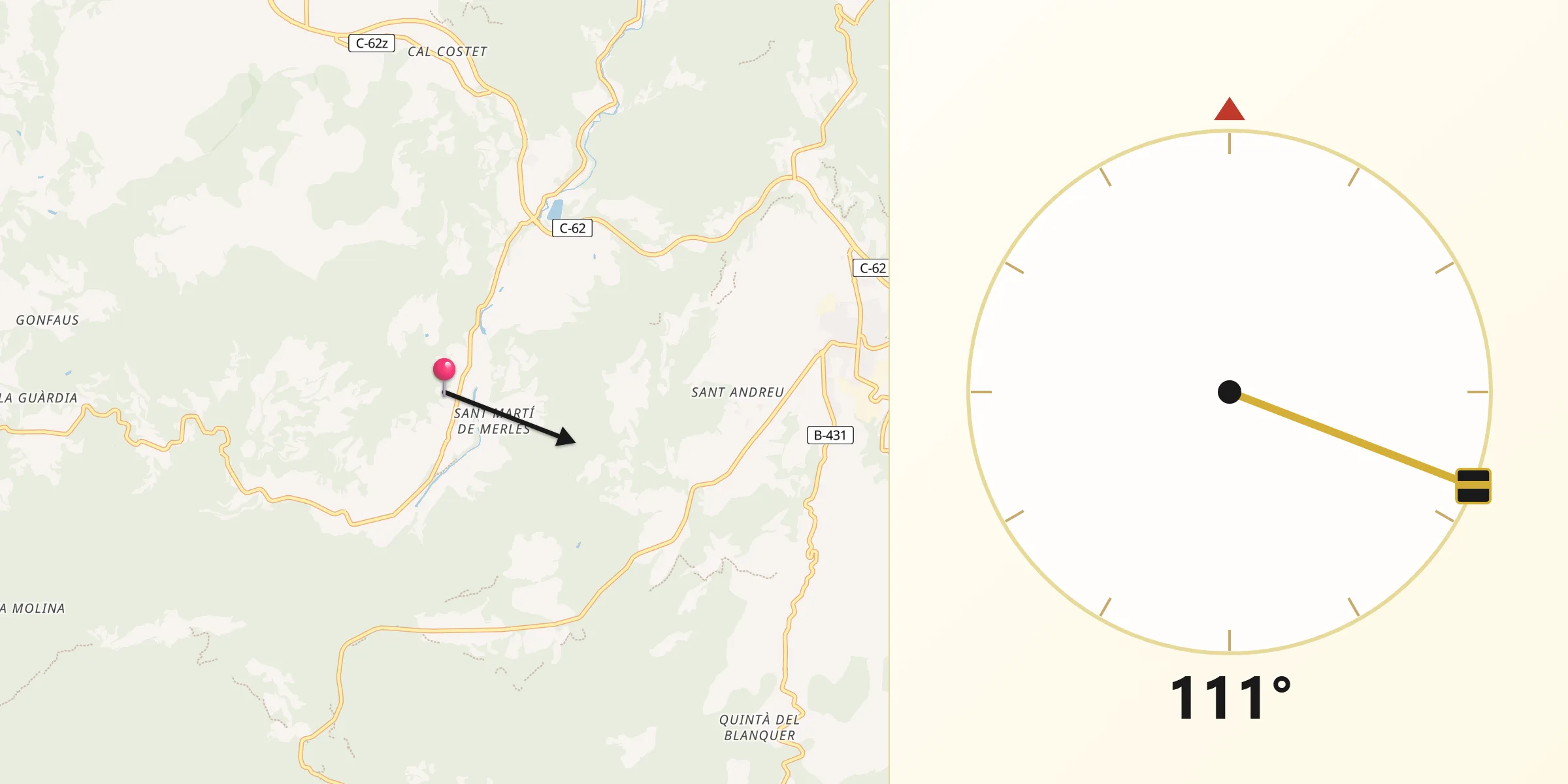 Dirección de la Qibla desde Santa Maria de Merlès