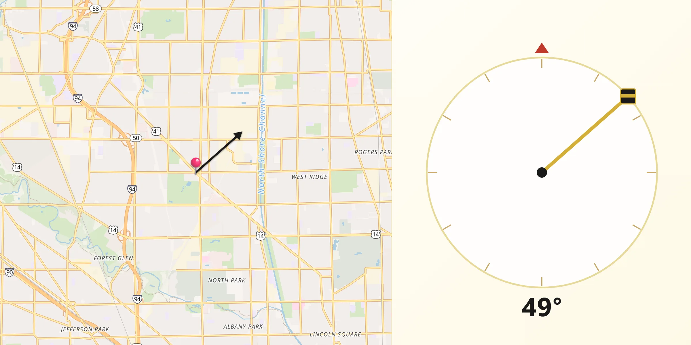 Qibla Direction from Lincolnwood
