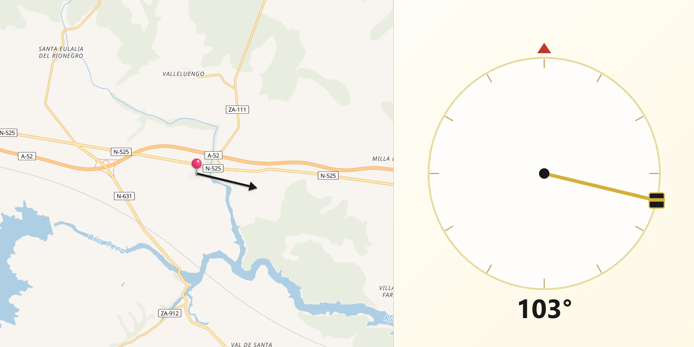 Dirección de la Qibla desde Rionegro del Puente