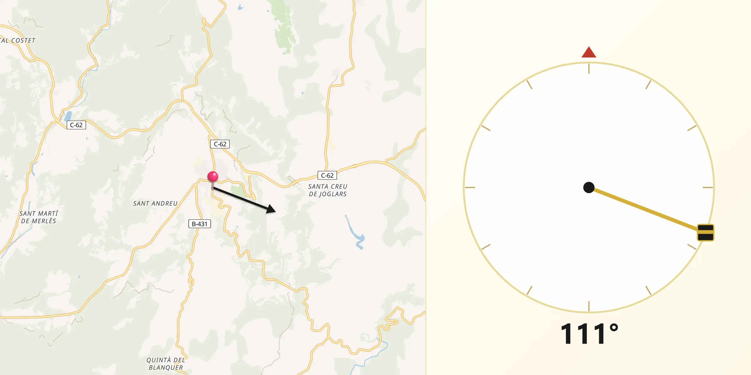 Dirección de la Qibla desde Prats de Lluçanès