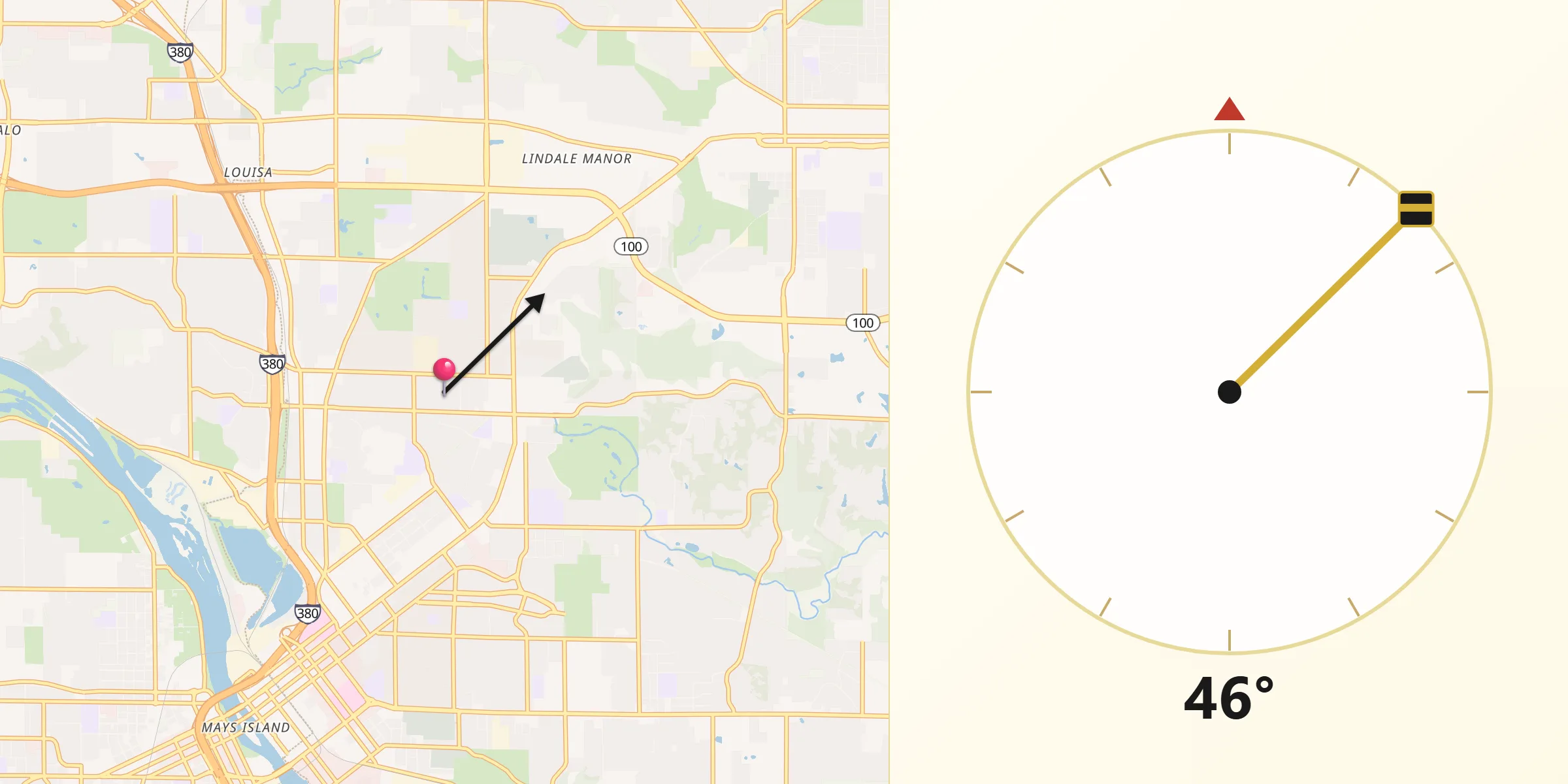 Dirección de la Qibla desde Cedar Rapids