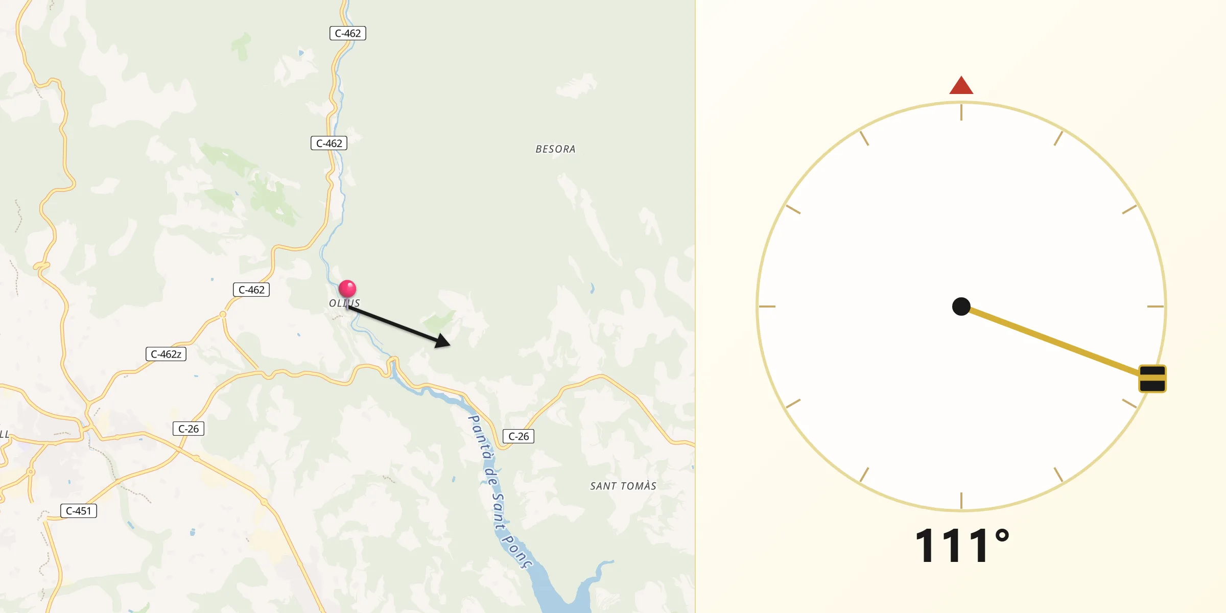 Dirección de la Qibla desde Olius