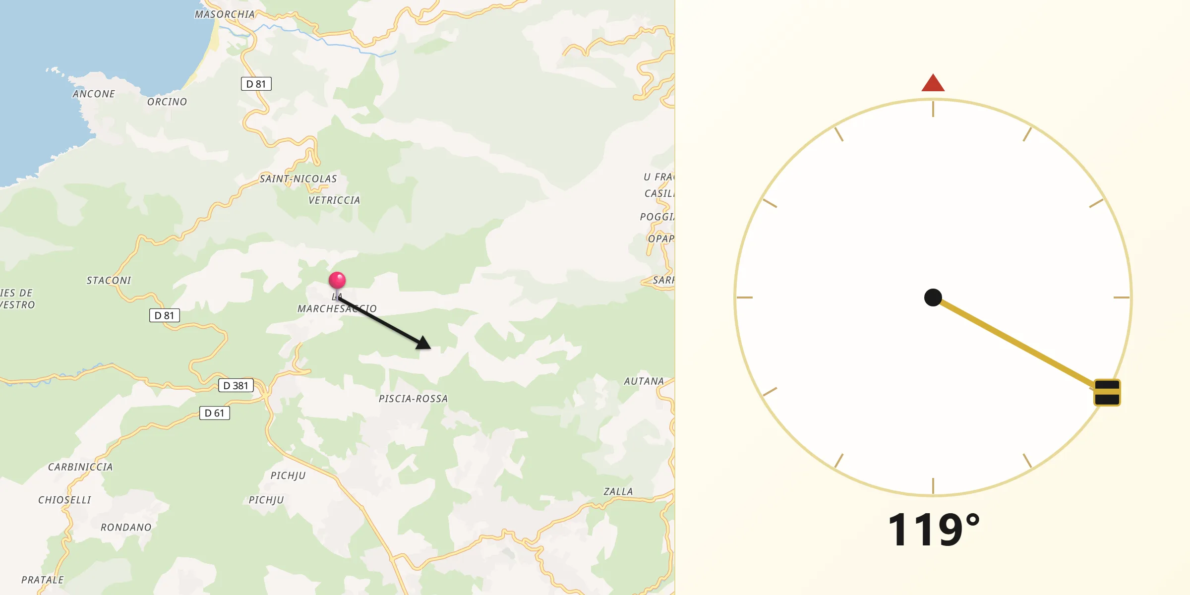 Direction vers la Qibla depuis Appietto