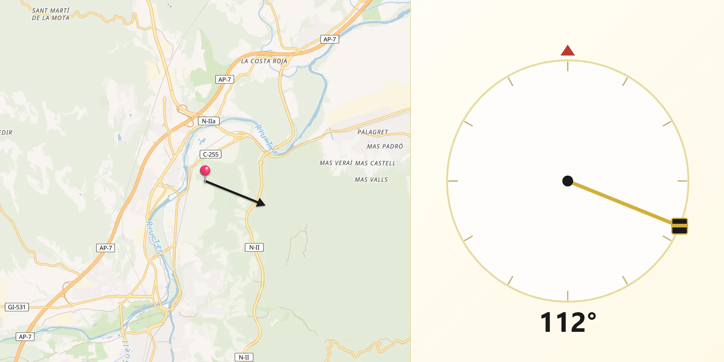 Dirección de la Qibla desde Sarrià de Ter