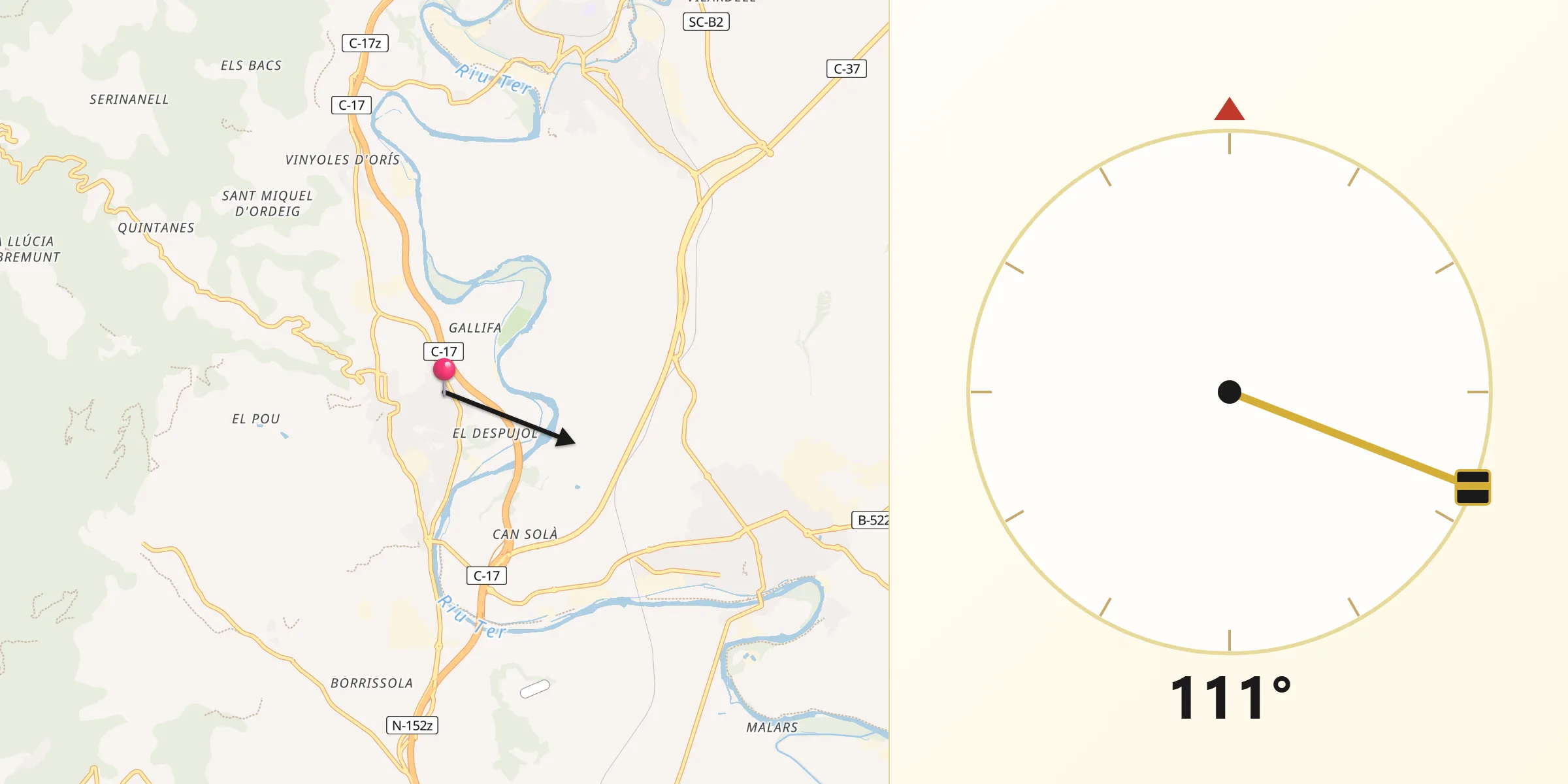 Dirección de la Qibla desde Les Masies de Voltregà