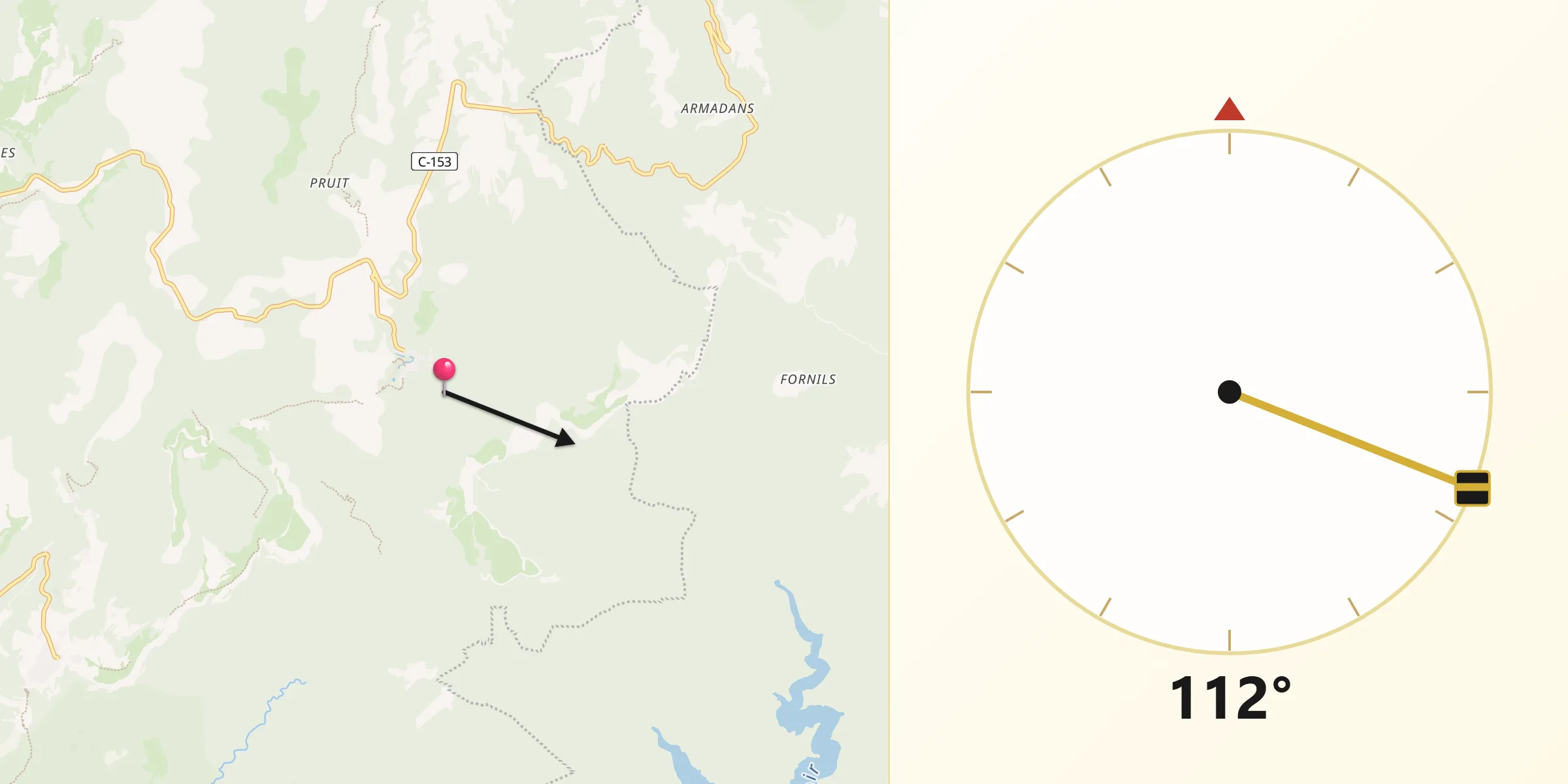 Dirección de la Qibla desde Rupit i Pruit