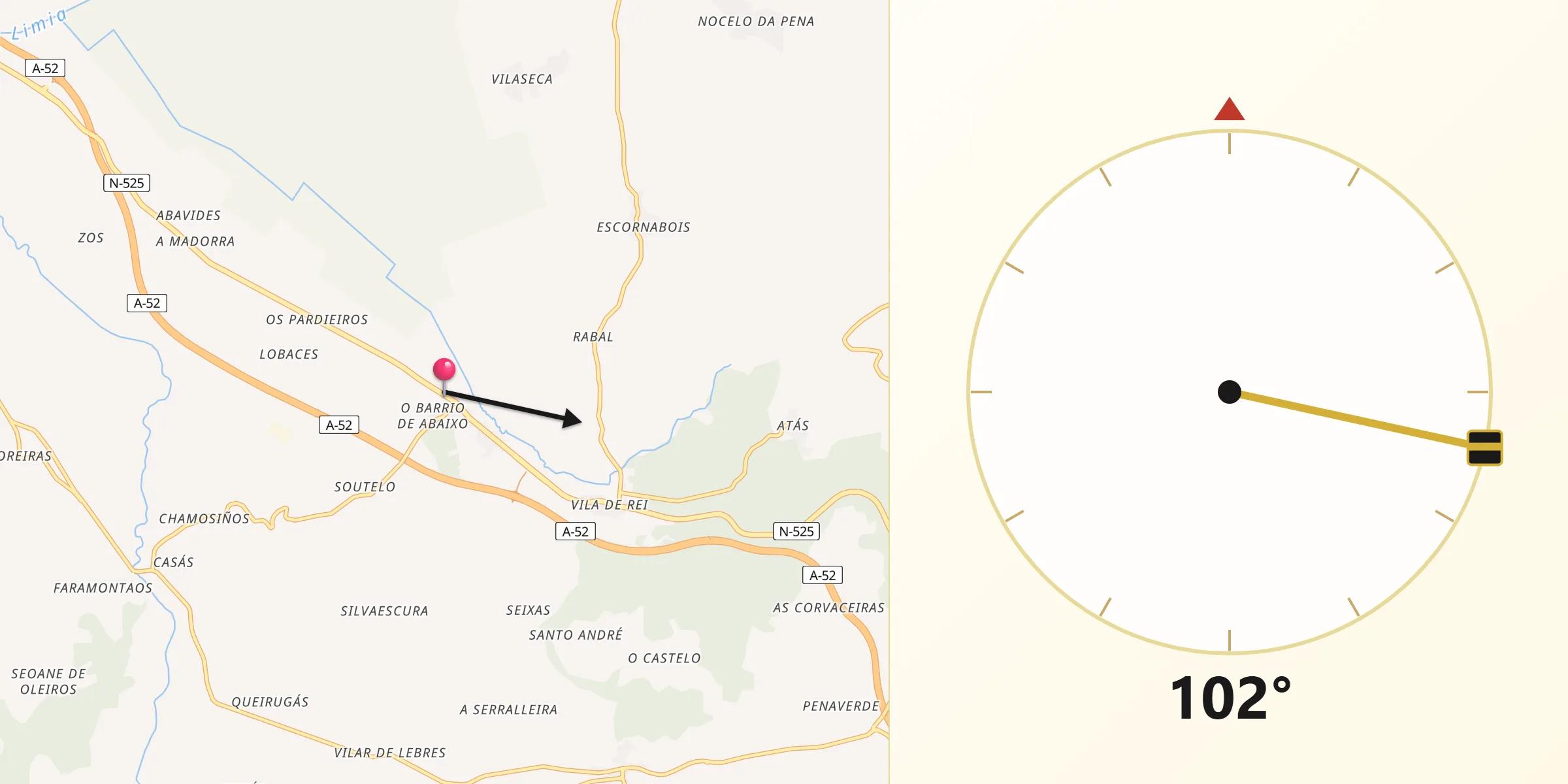 Dirección de la Qibla desde Trasmiras