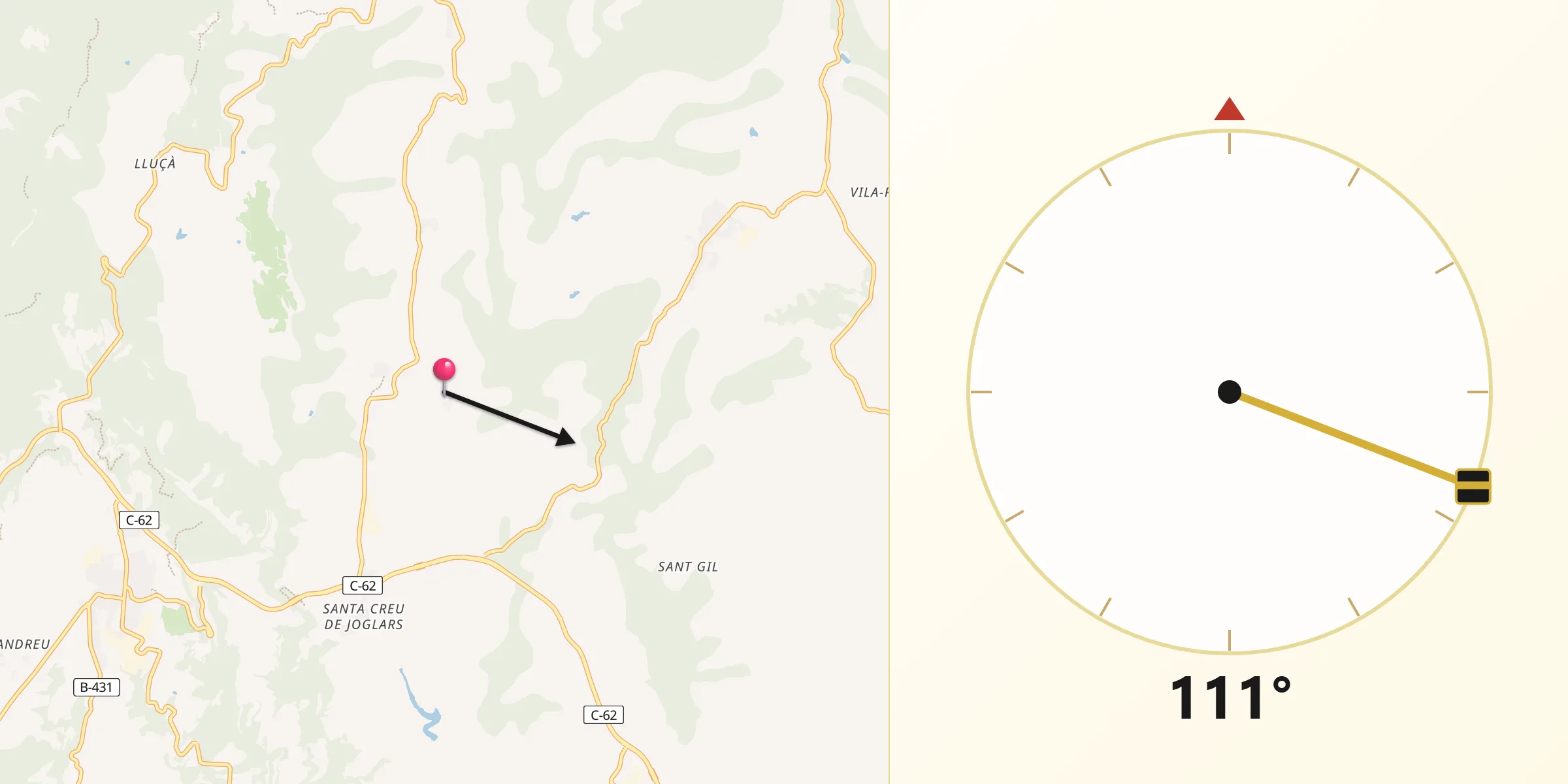 Dirección de la Qibla desde Sant Martí d'Albars