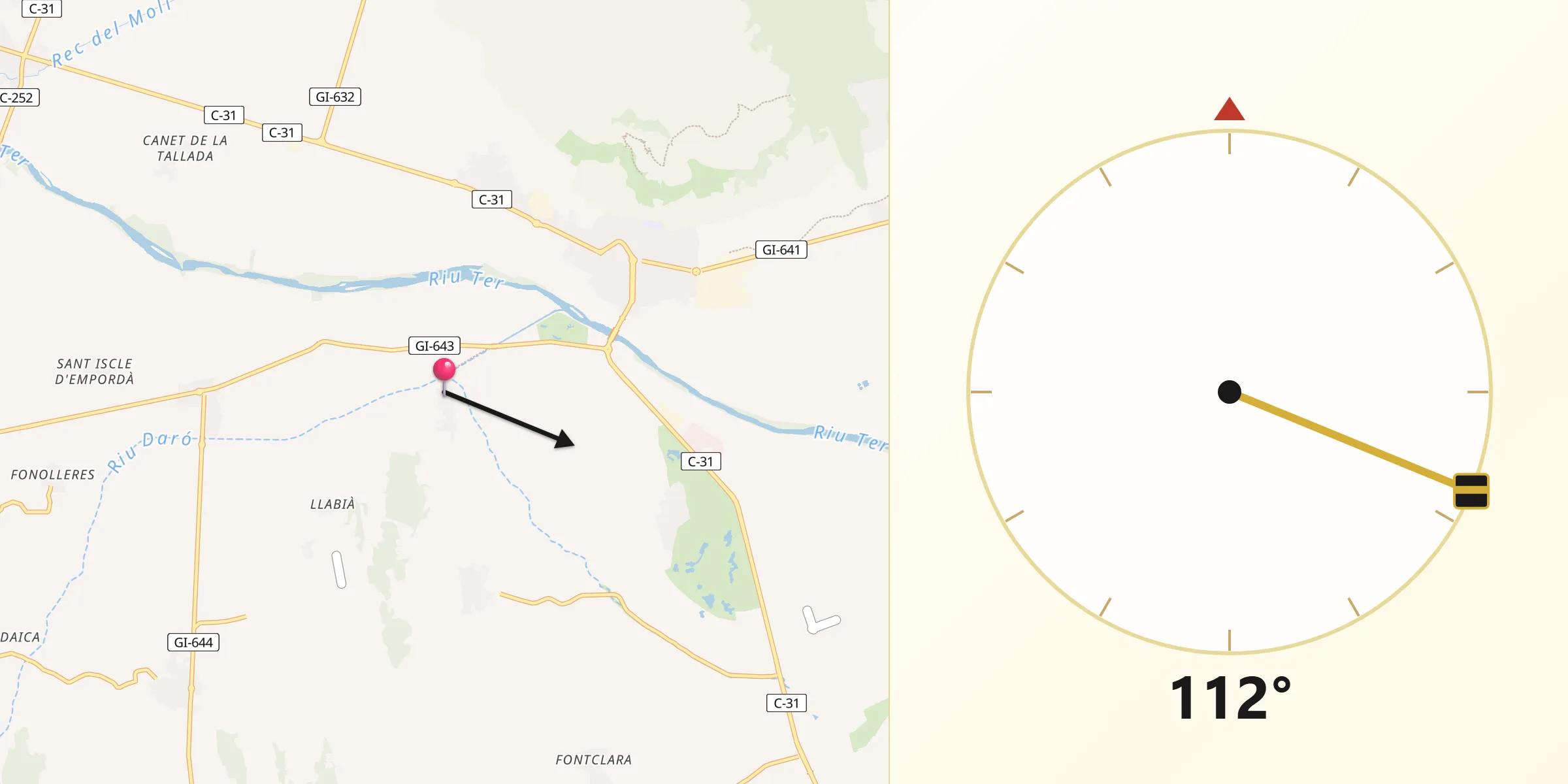 Dirección de la Qibla desde Gualta