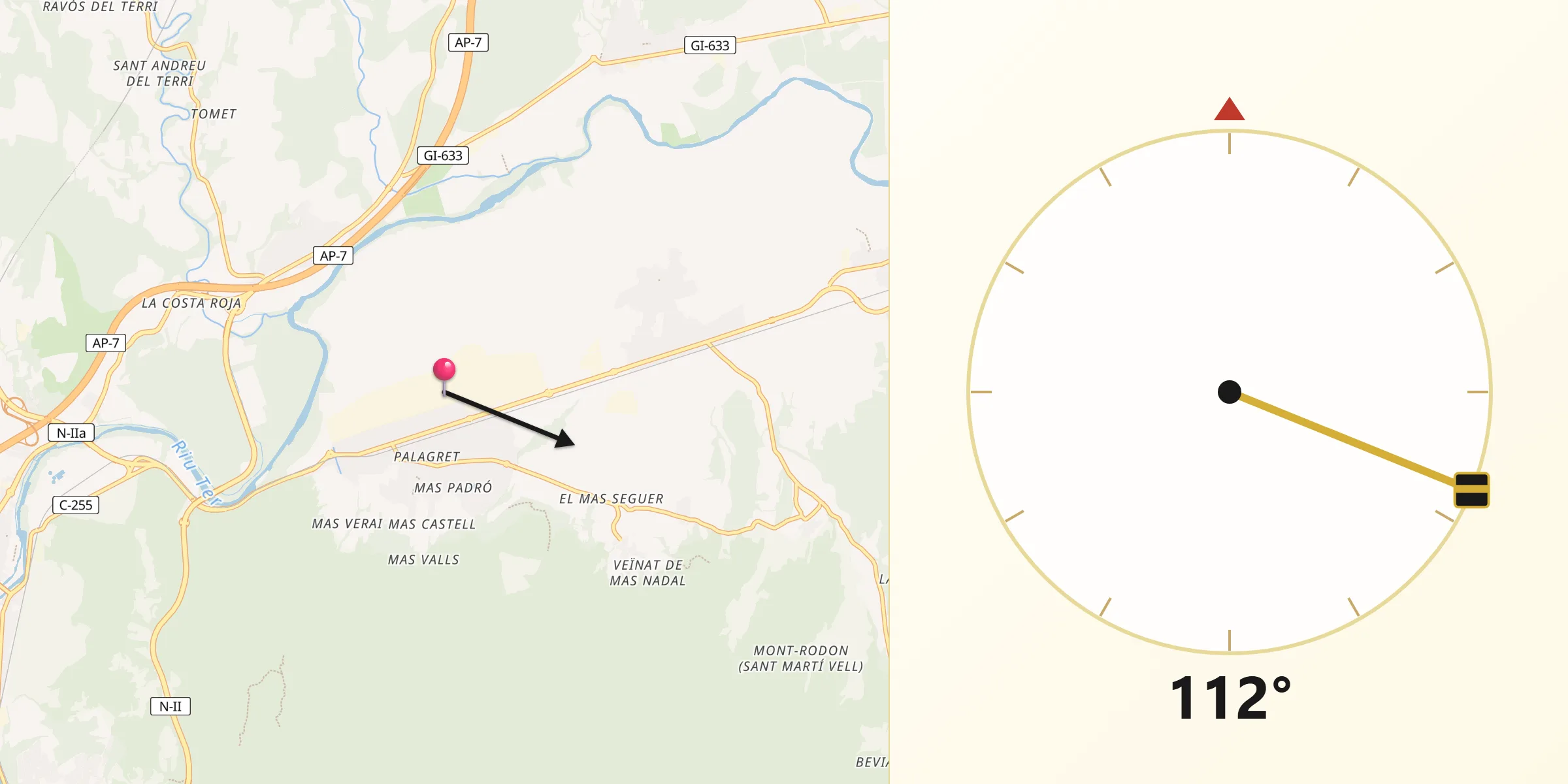 Dirección de la Qibla desde Celrà
