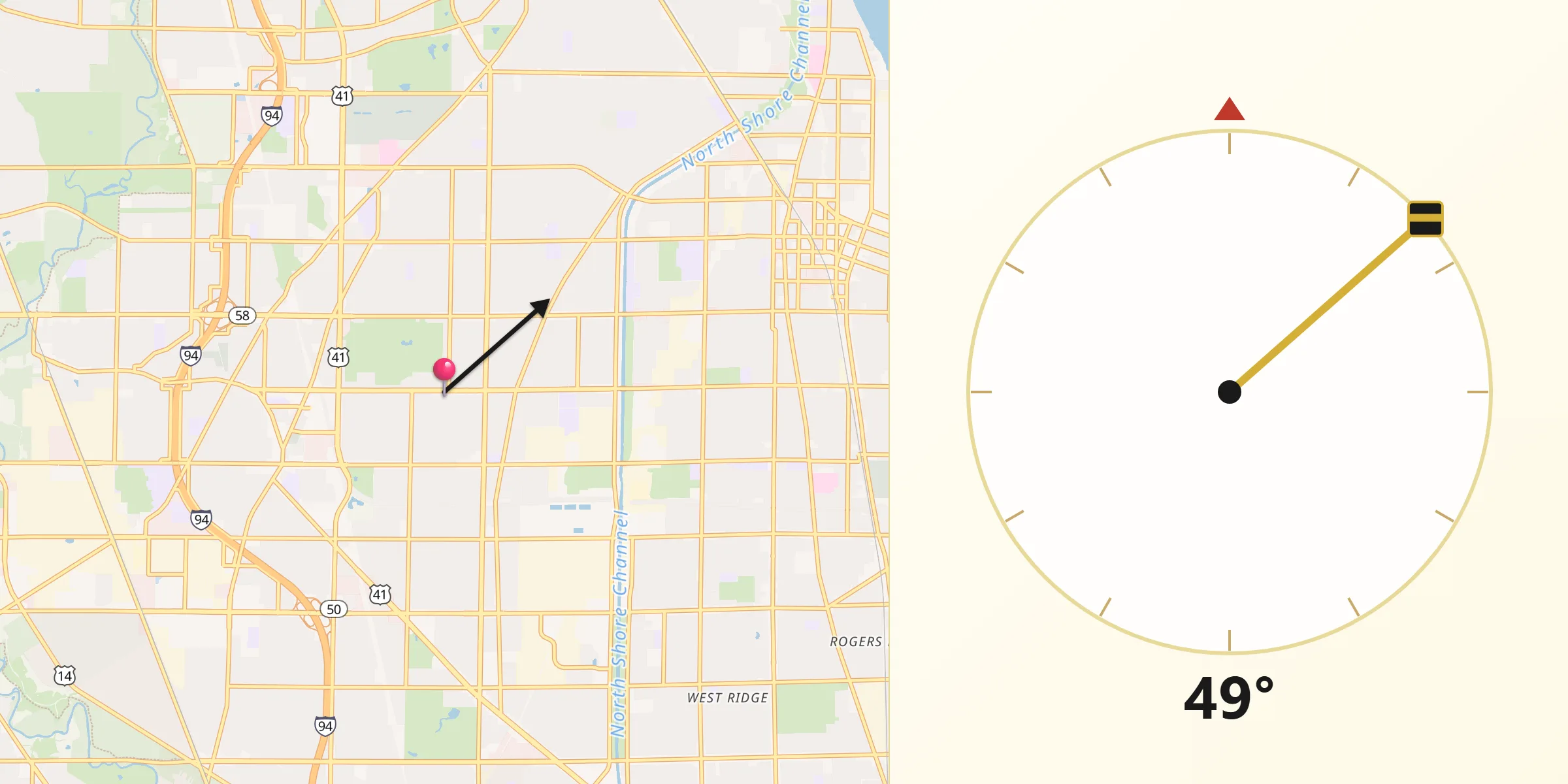 Qibla Direction from Skokie
