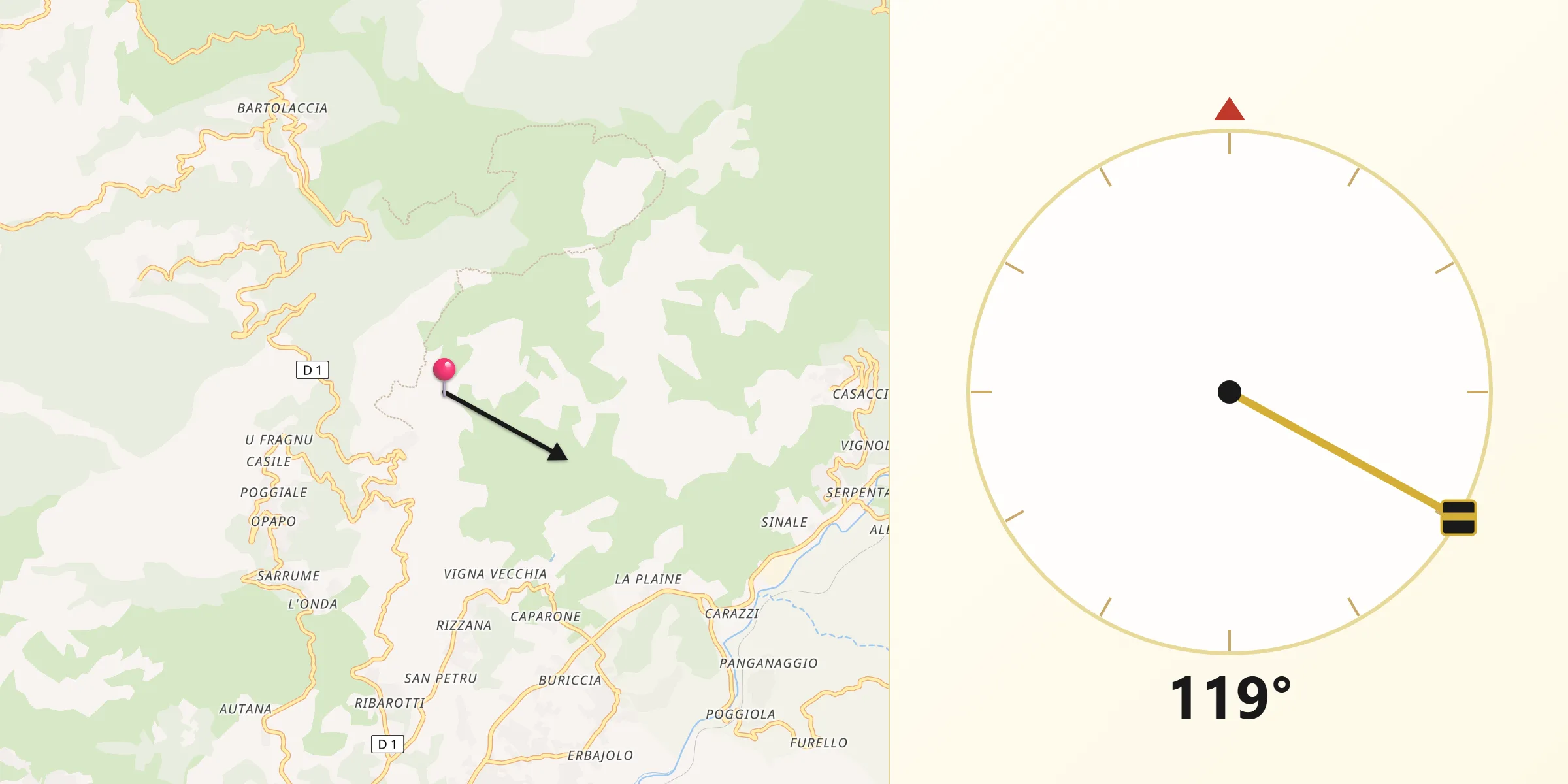 Direction vers la Qibla depuis Carbuccia