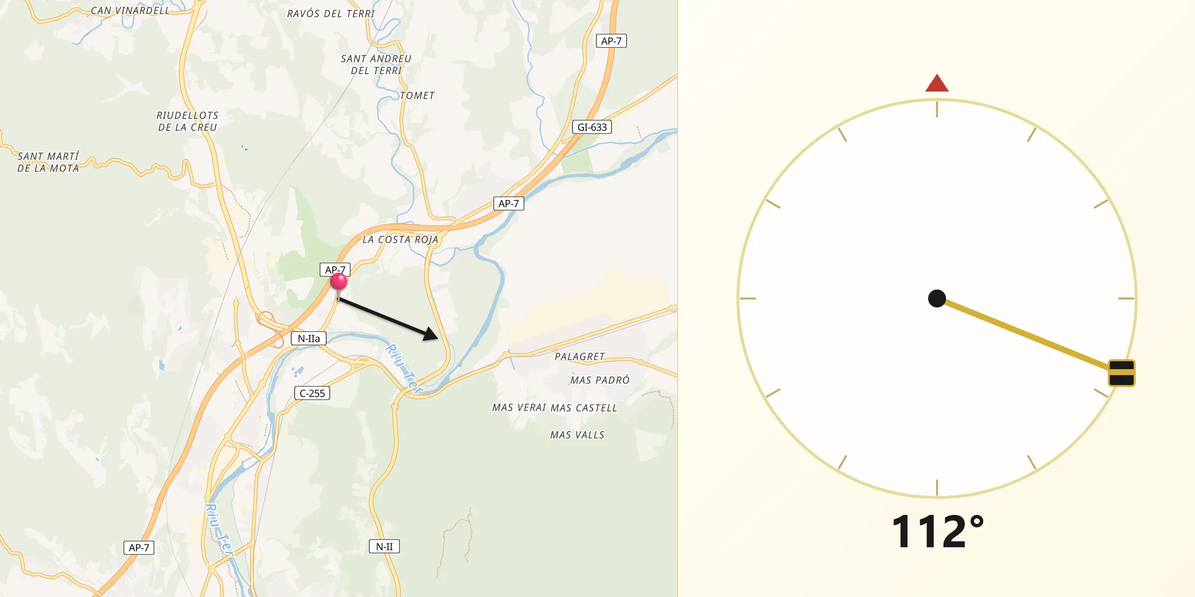 Dirección de la Qibla desde Sant Julià de Ramis