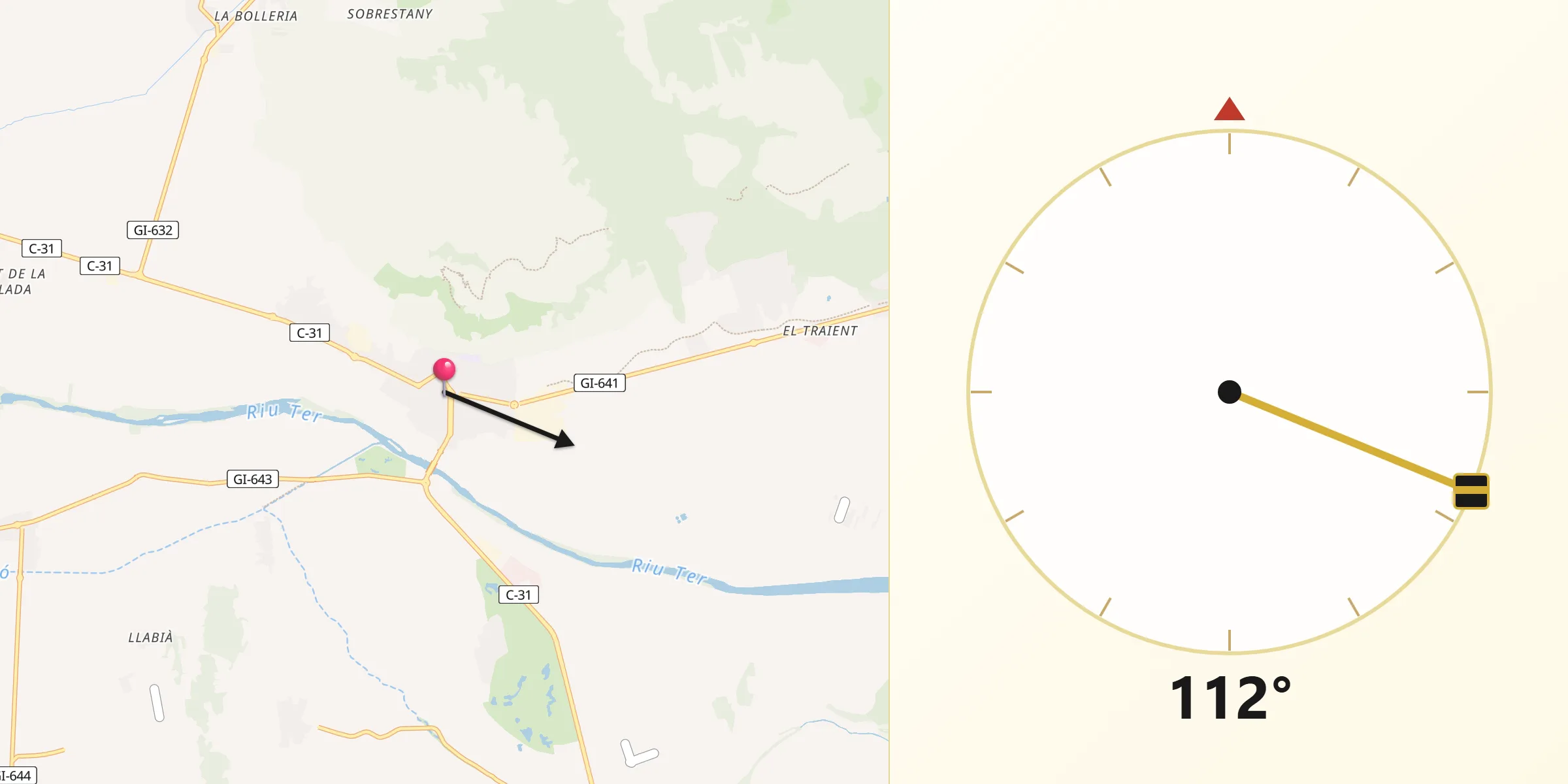 Dirección de la Qibla desde Torroella de Montgrí