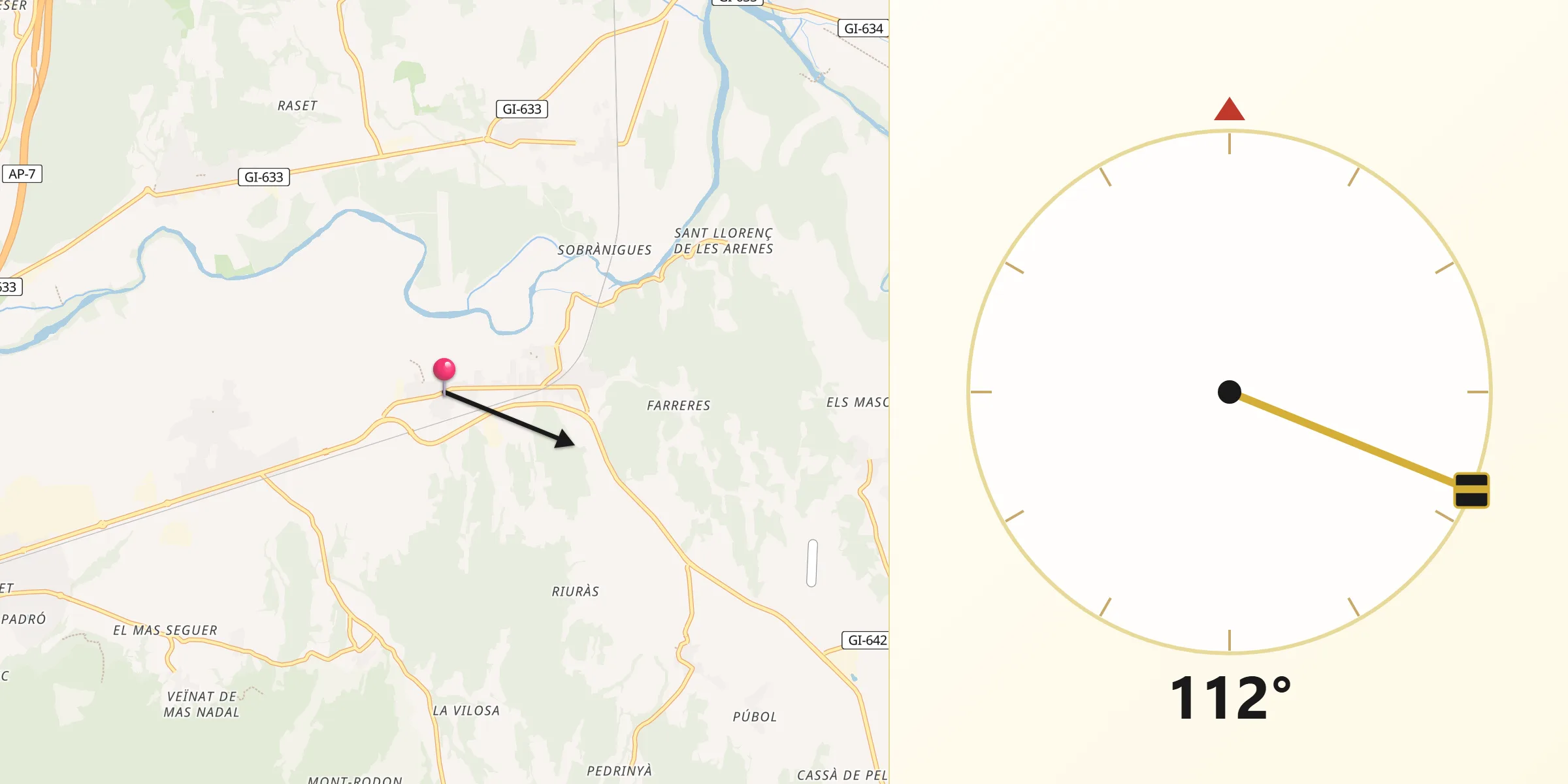Dirección de la Qibla desde Sant Joan de Mollet