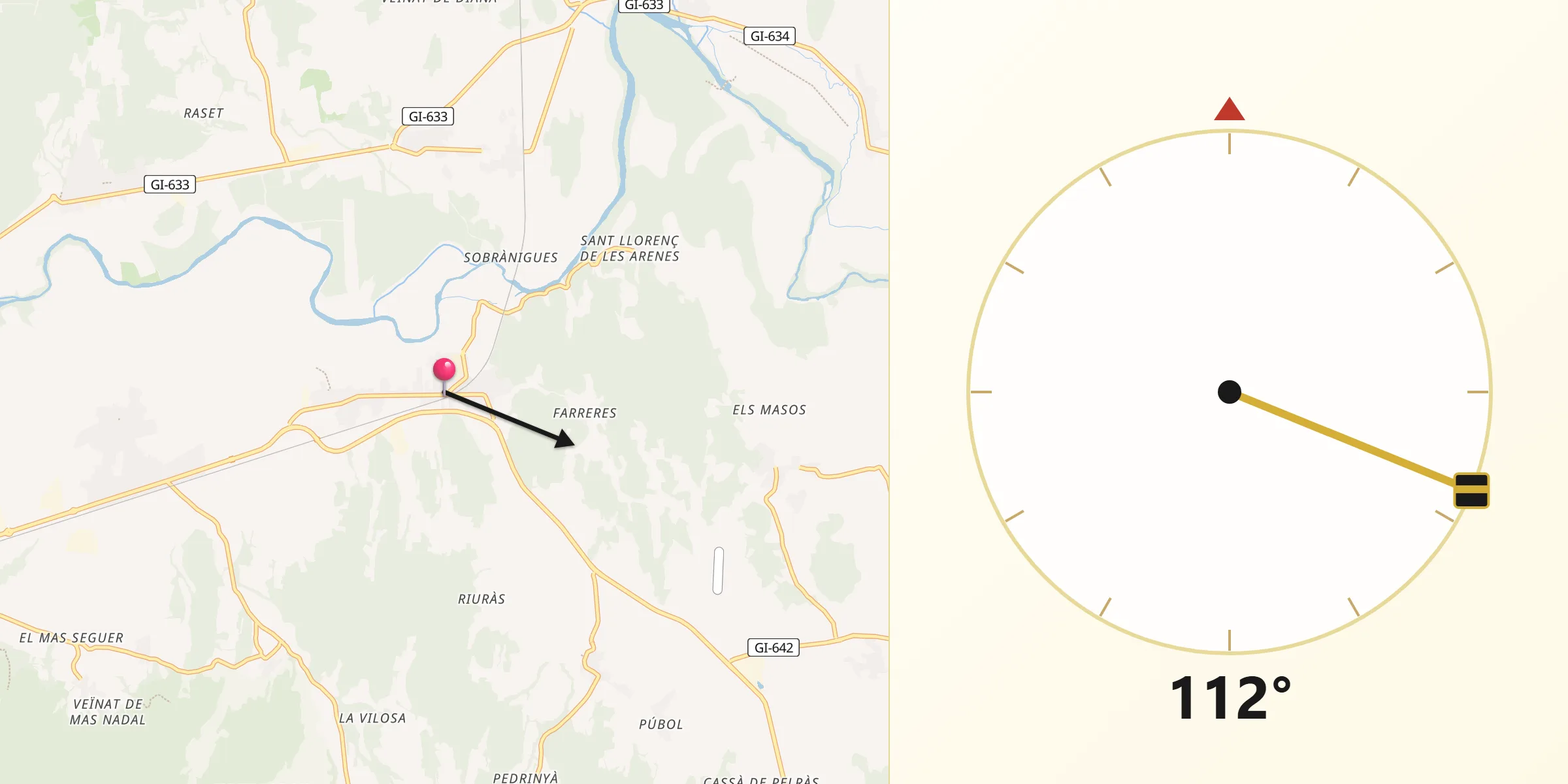 Dirección de la Qibla desde Flaçà