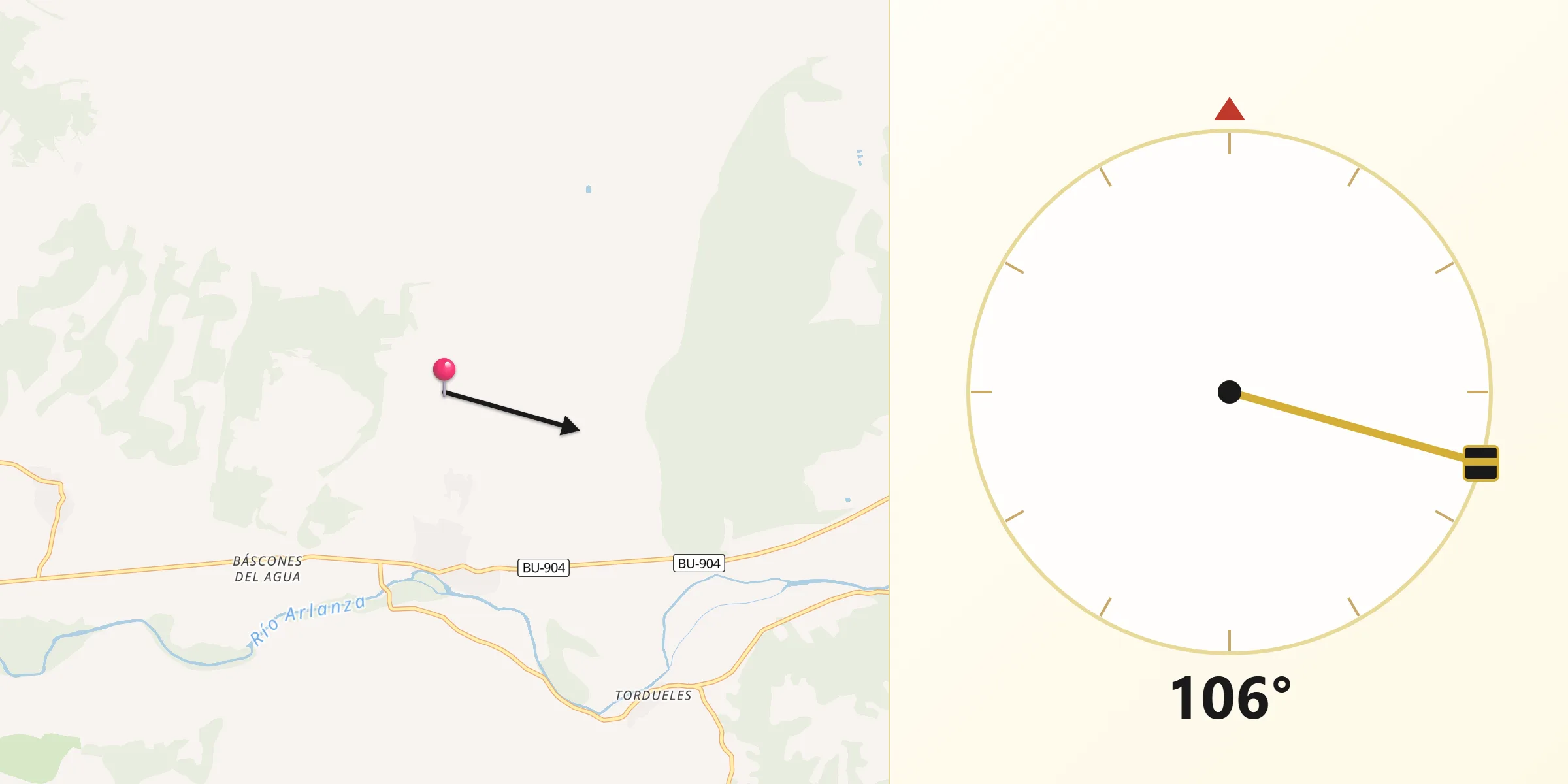 Dirección de la Qibla desde Quintanilla del Agua y Tordueles