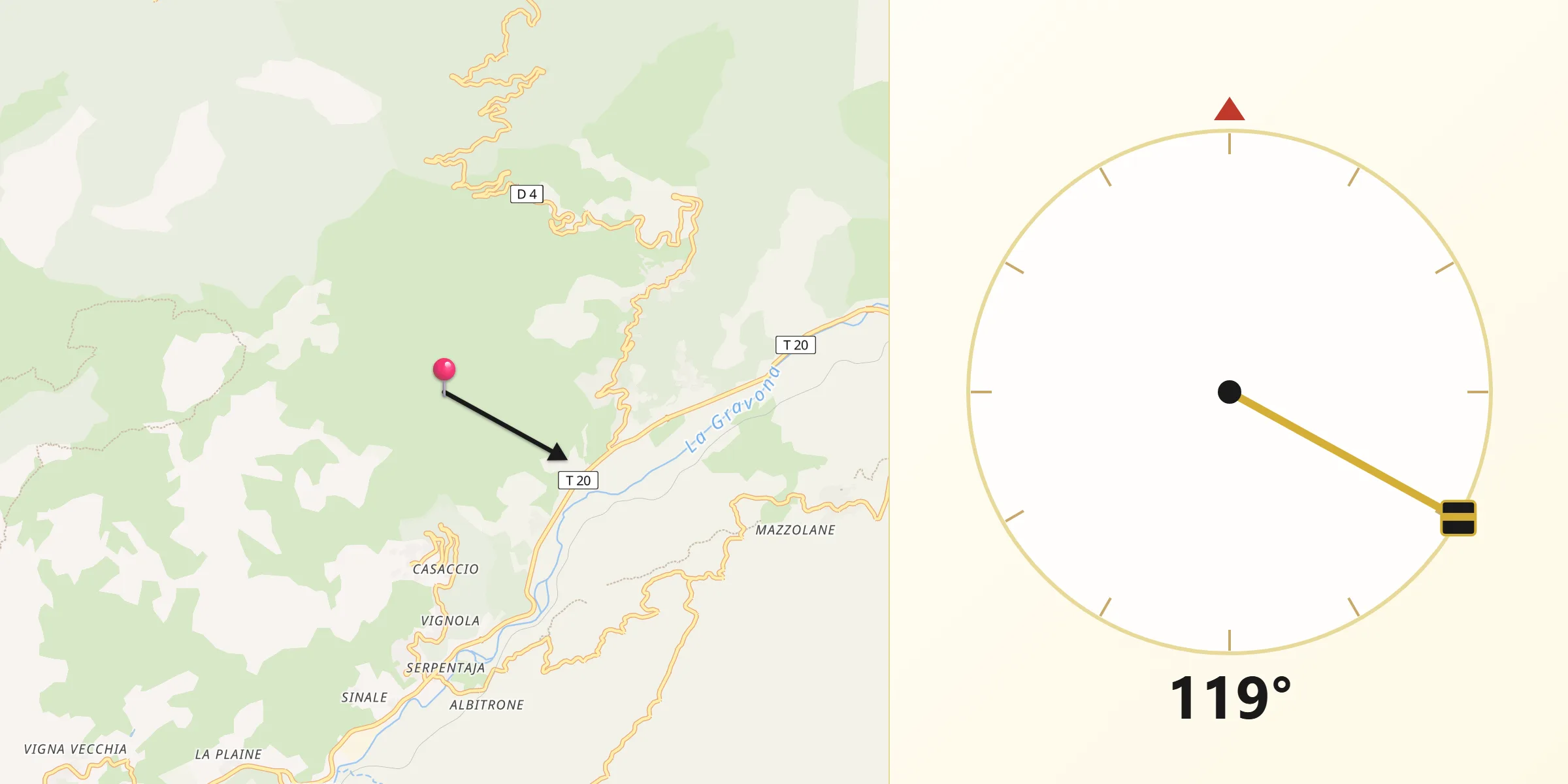 Direction vers la Qibla depuis Ucciani