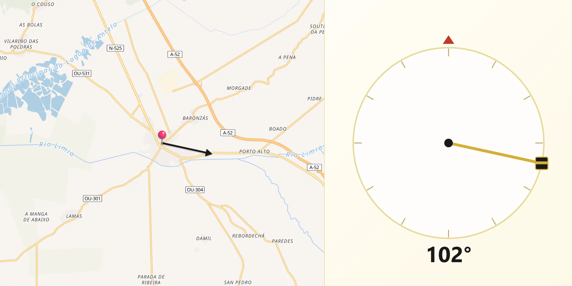 Dirección de la Qibla desde Xinzo de Limia