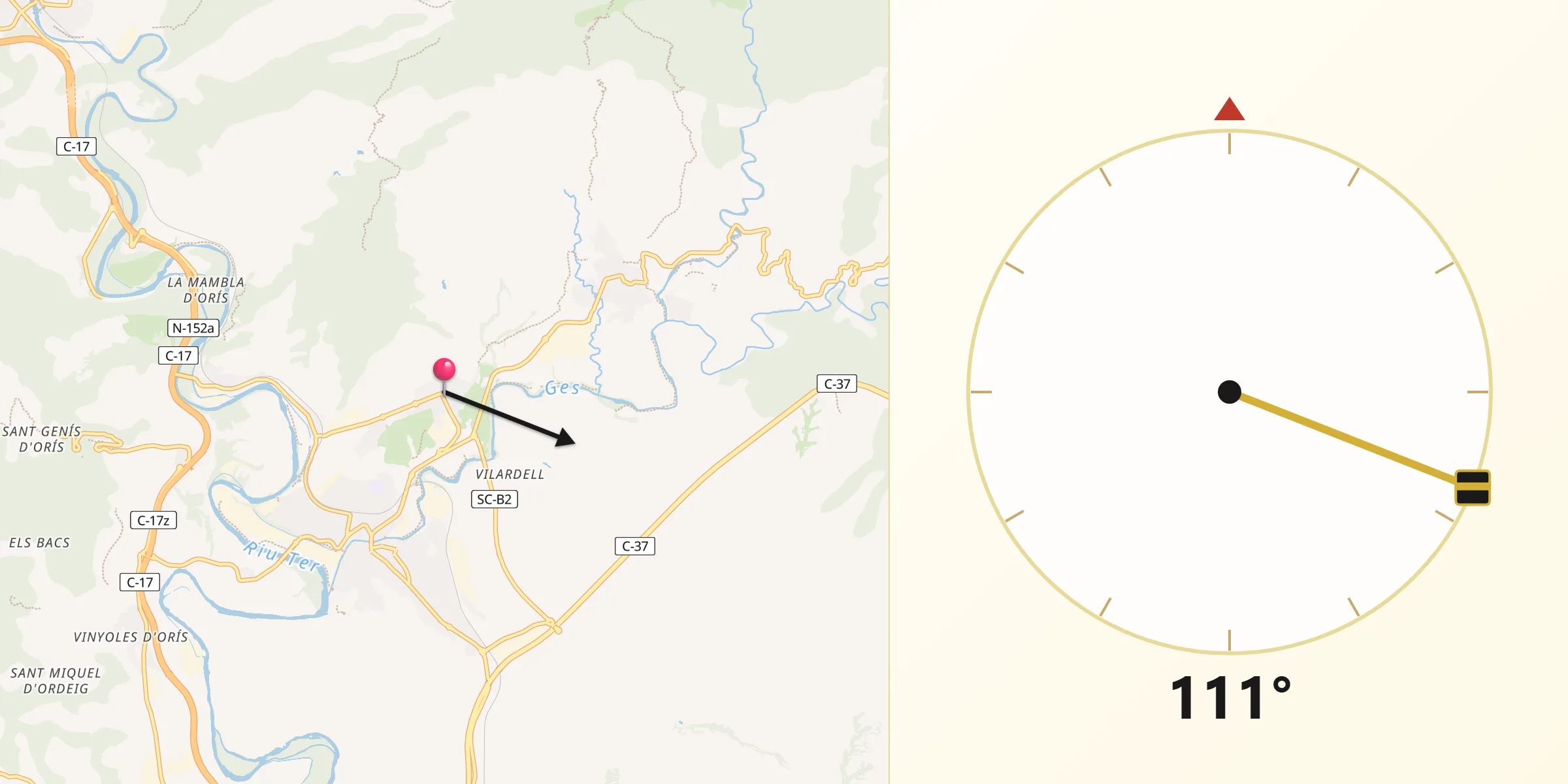 Dirección de la Qibla desde Sant Vicenç de Torelló