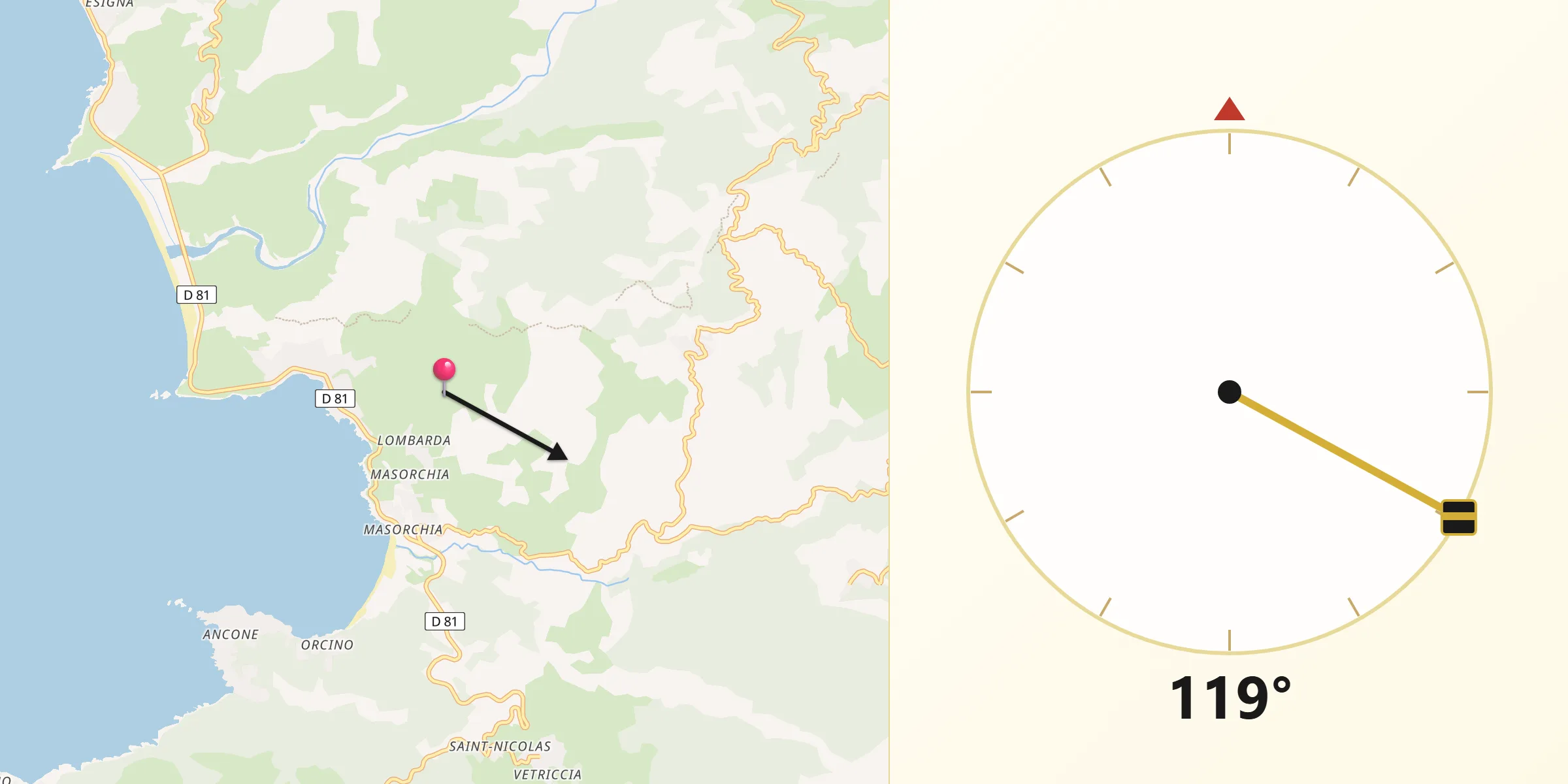 Direction vers la Qibla depuis Sari-d'Orcino