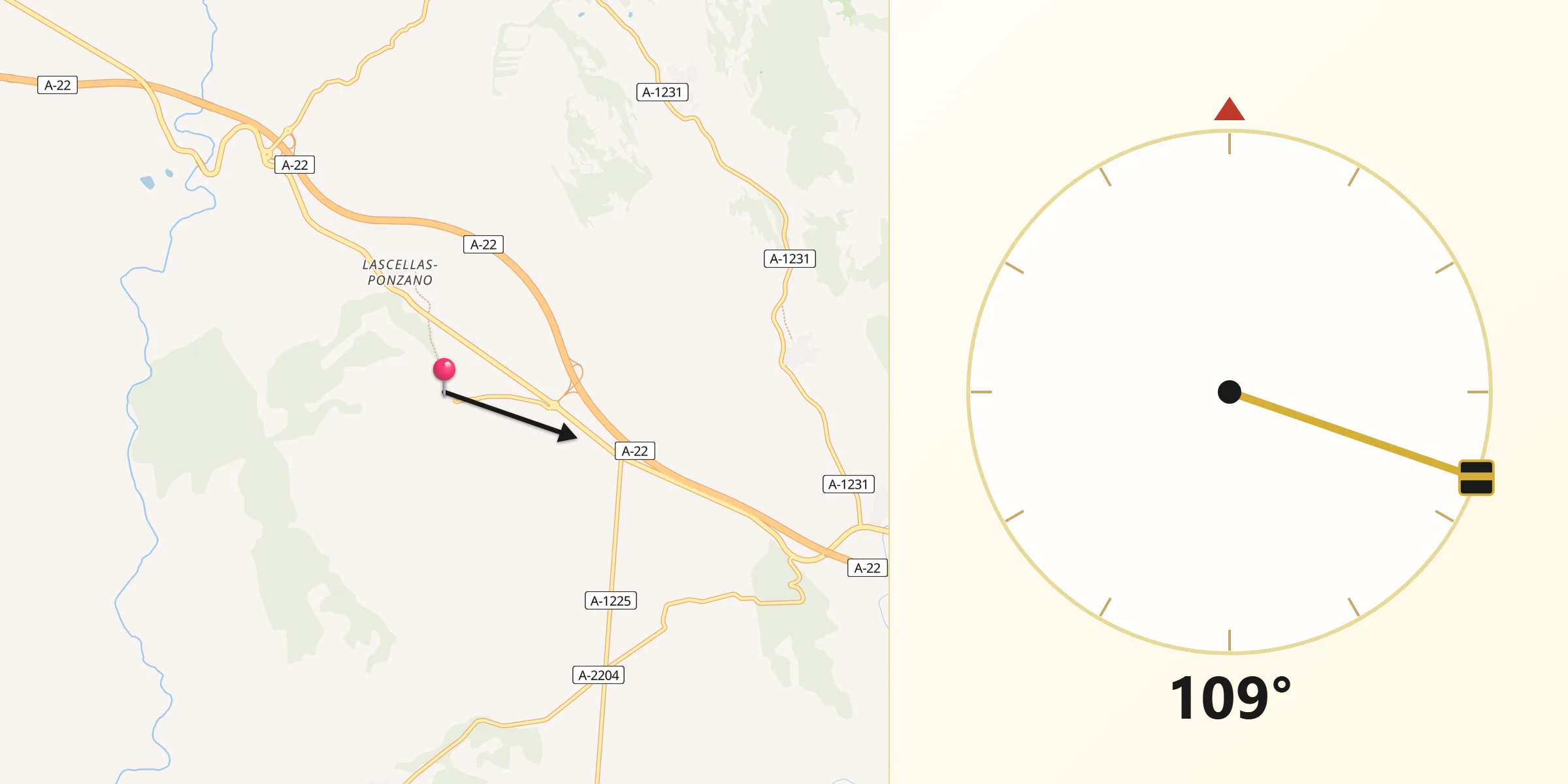 Dirección de la Qibla desde Lascellas-Ponzano