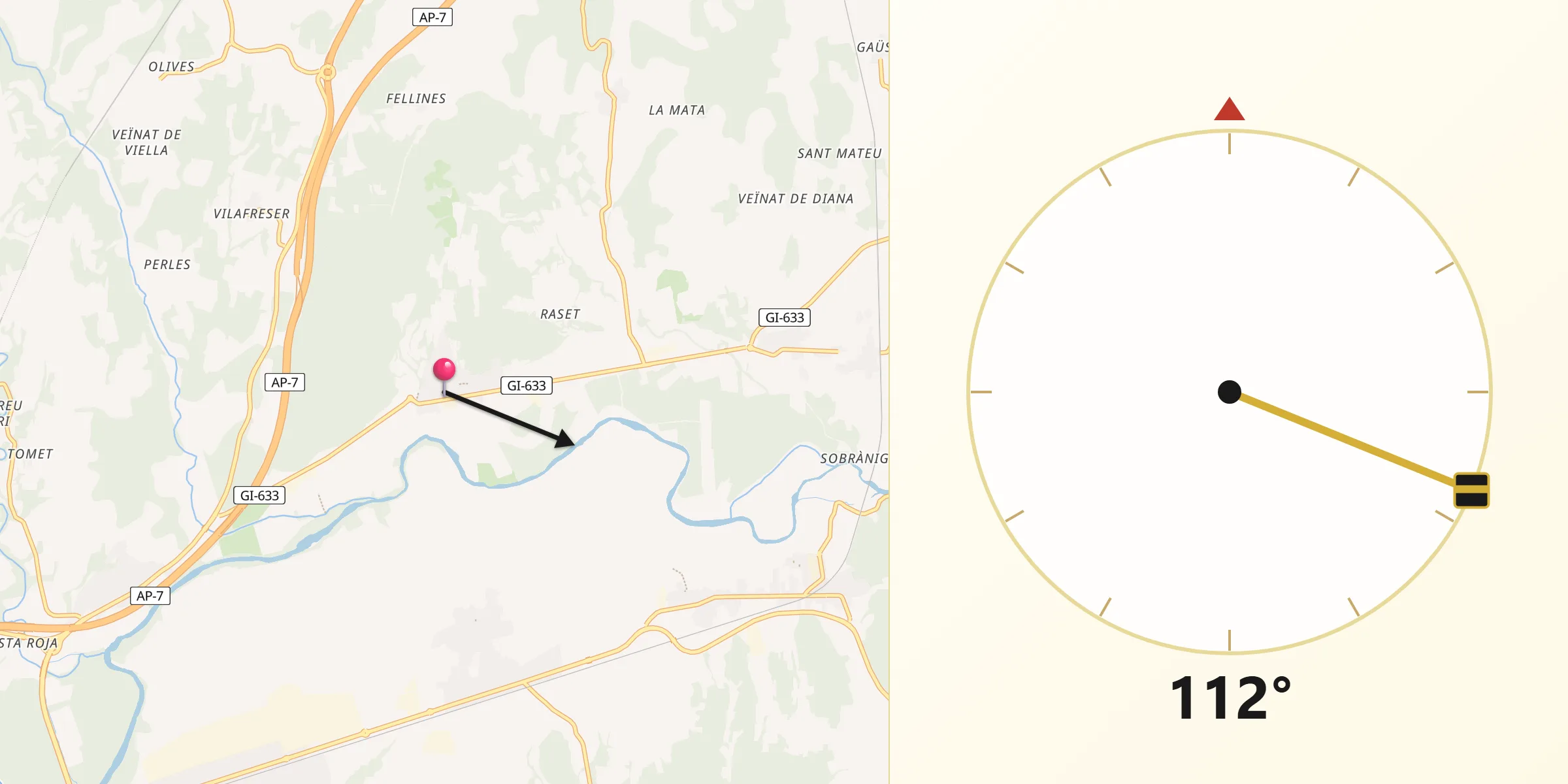 Dirección de la Qibla desde Cervià de Ter