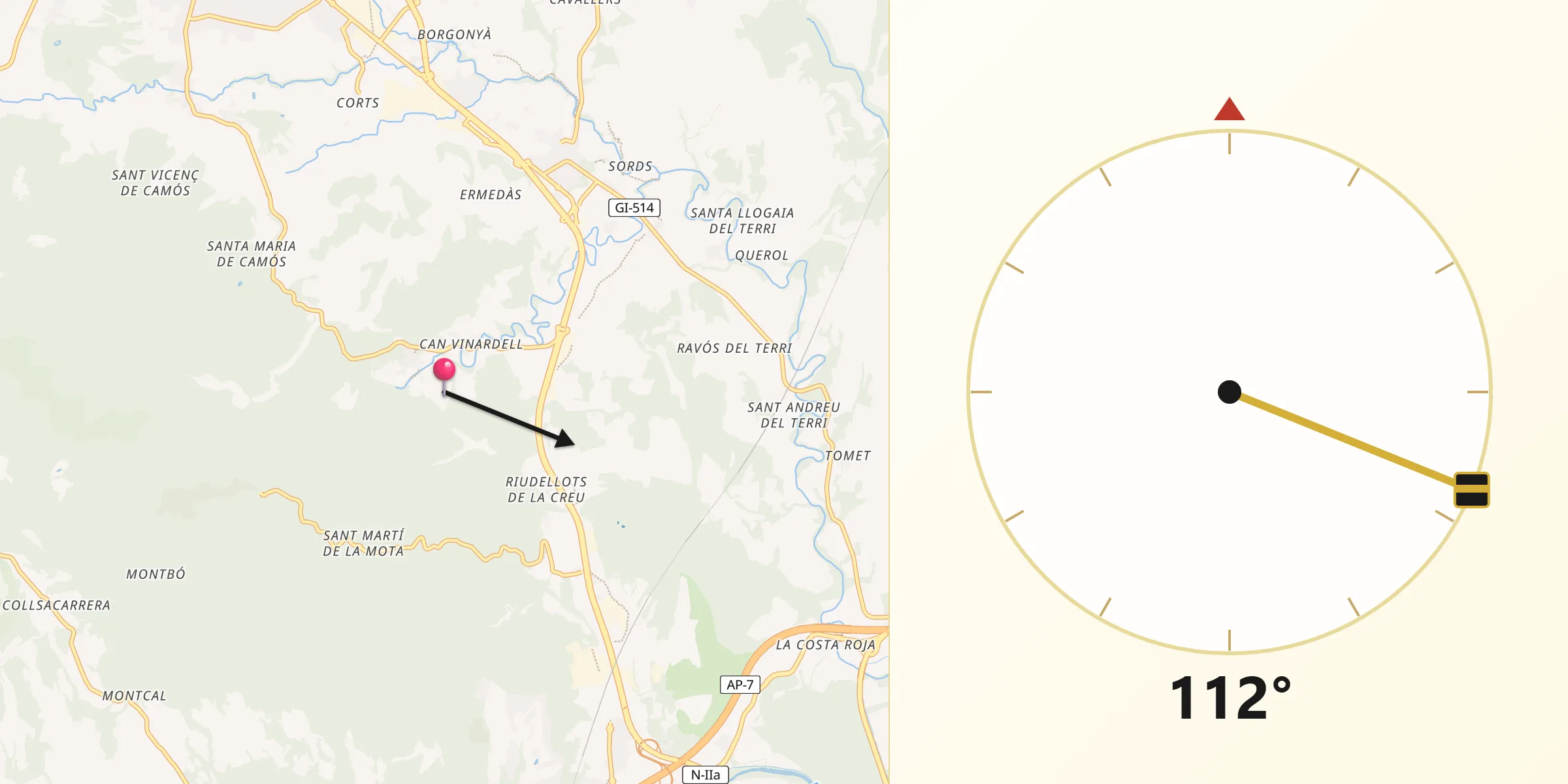 Dirección de la Qibla desde Palol de Revardit