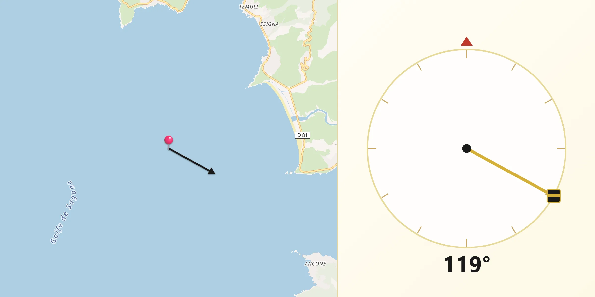 Direction vers la Qibla depuis Casaglione