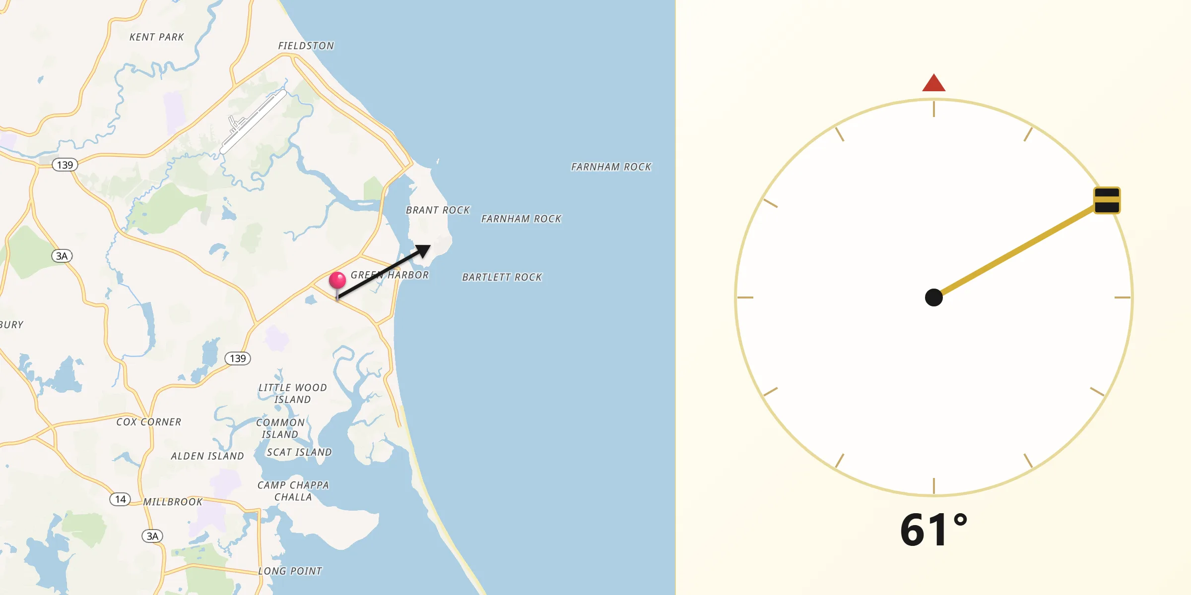 Qibla Direction from Green Harbor-Cedar Crest