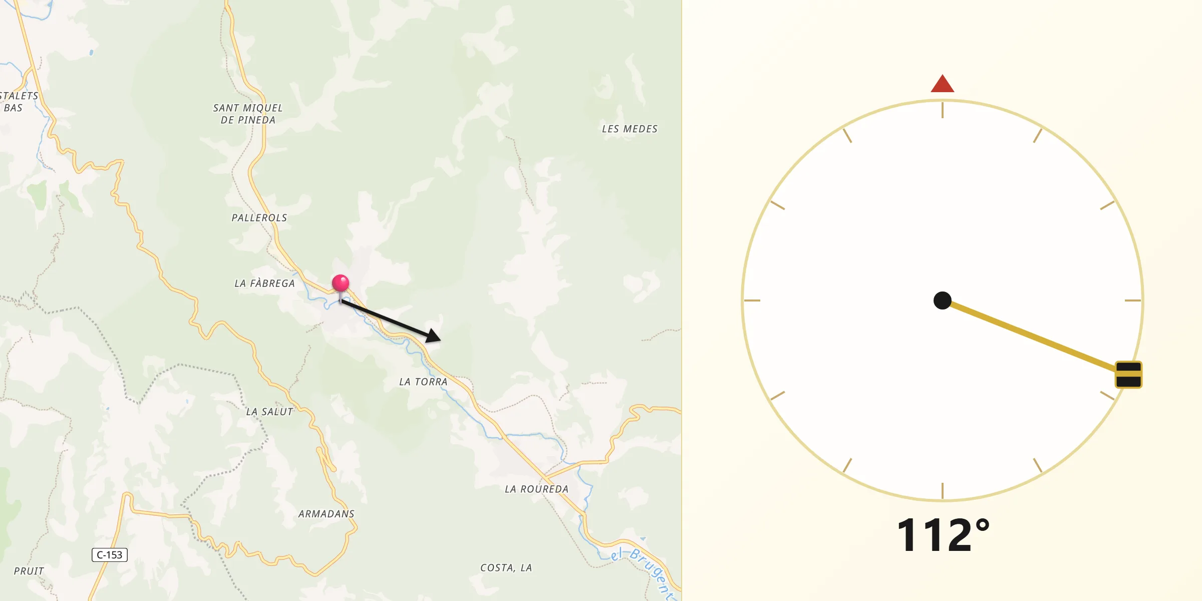 Dirección de la Qibla desde Sant Feliu de Pallerols