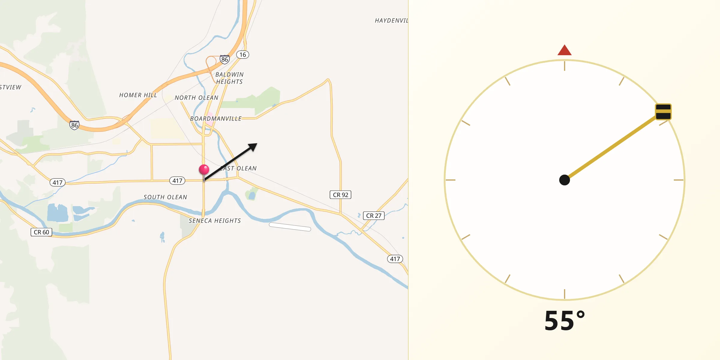 Qibla Direction from Olean