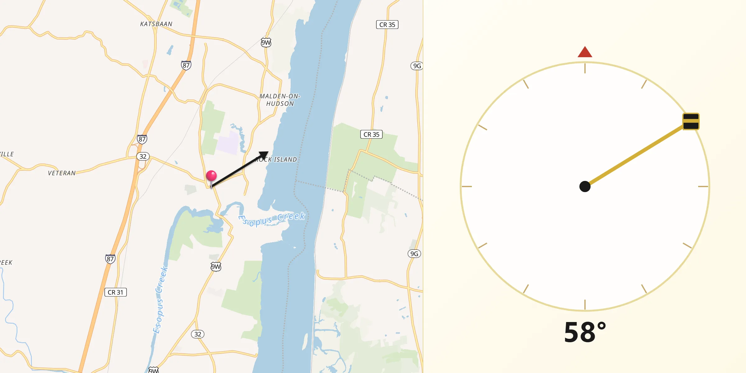 Qibla Direction from Saugerties