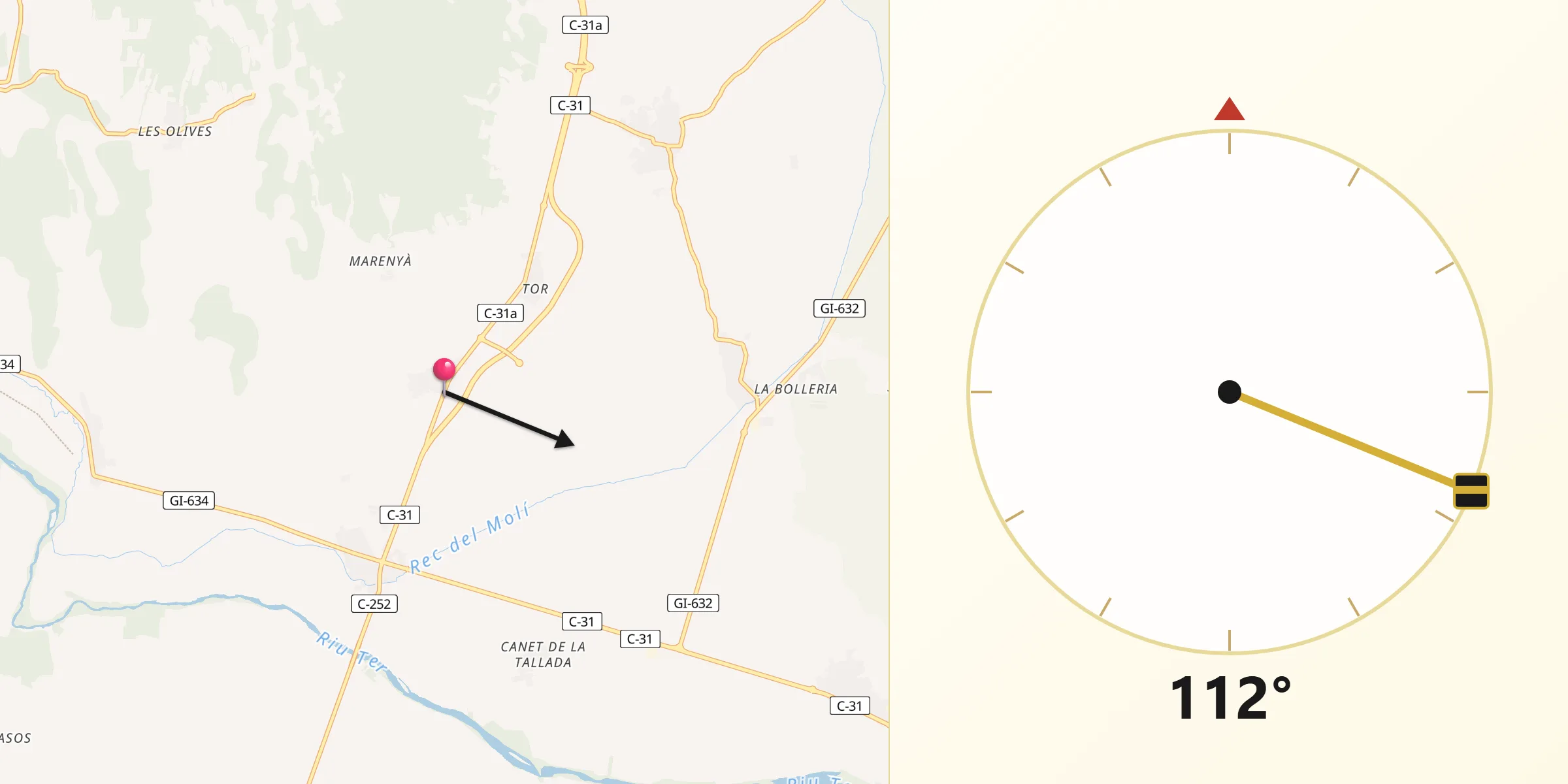 Dirección de la Qibla desde La Tallada d'Empordà