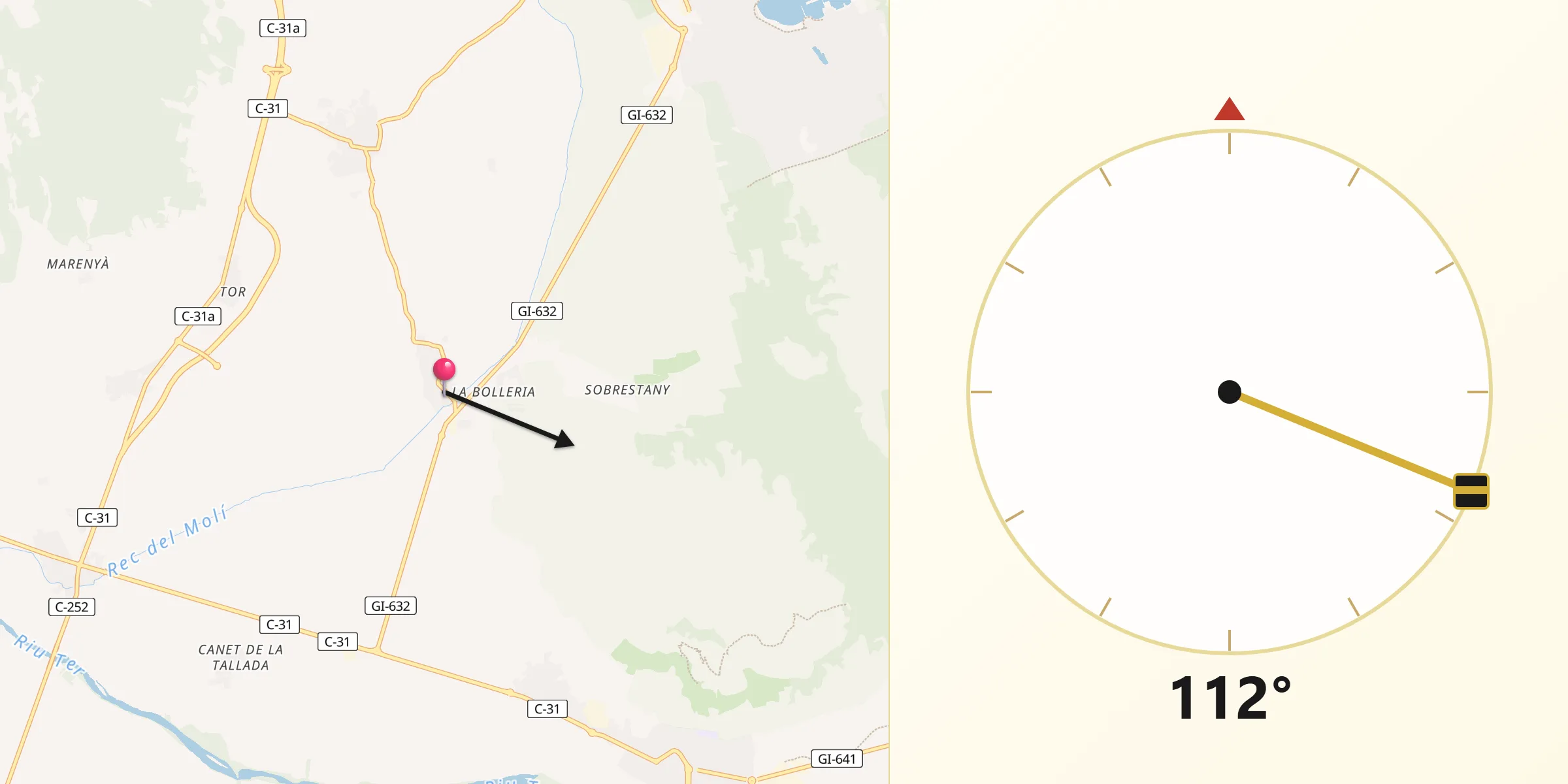 Dirección de la Qibla desde Bellcaire d'Empordà