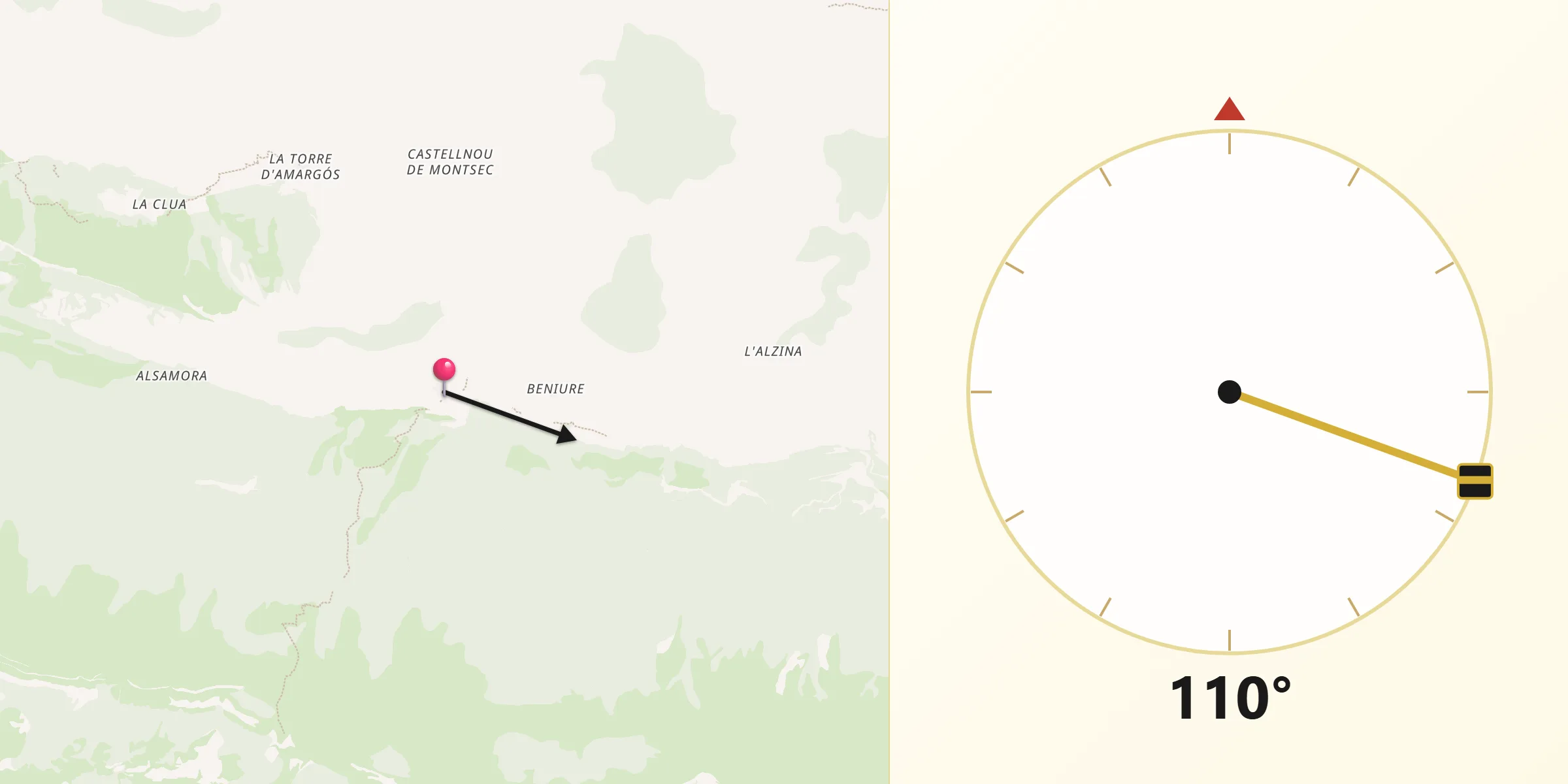 Dirección de la Qibla desde Sant Esteve de la Sarga