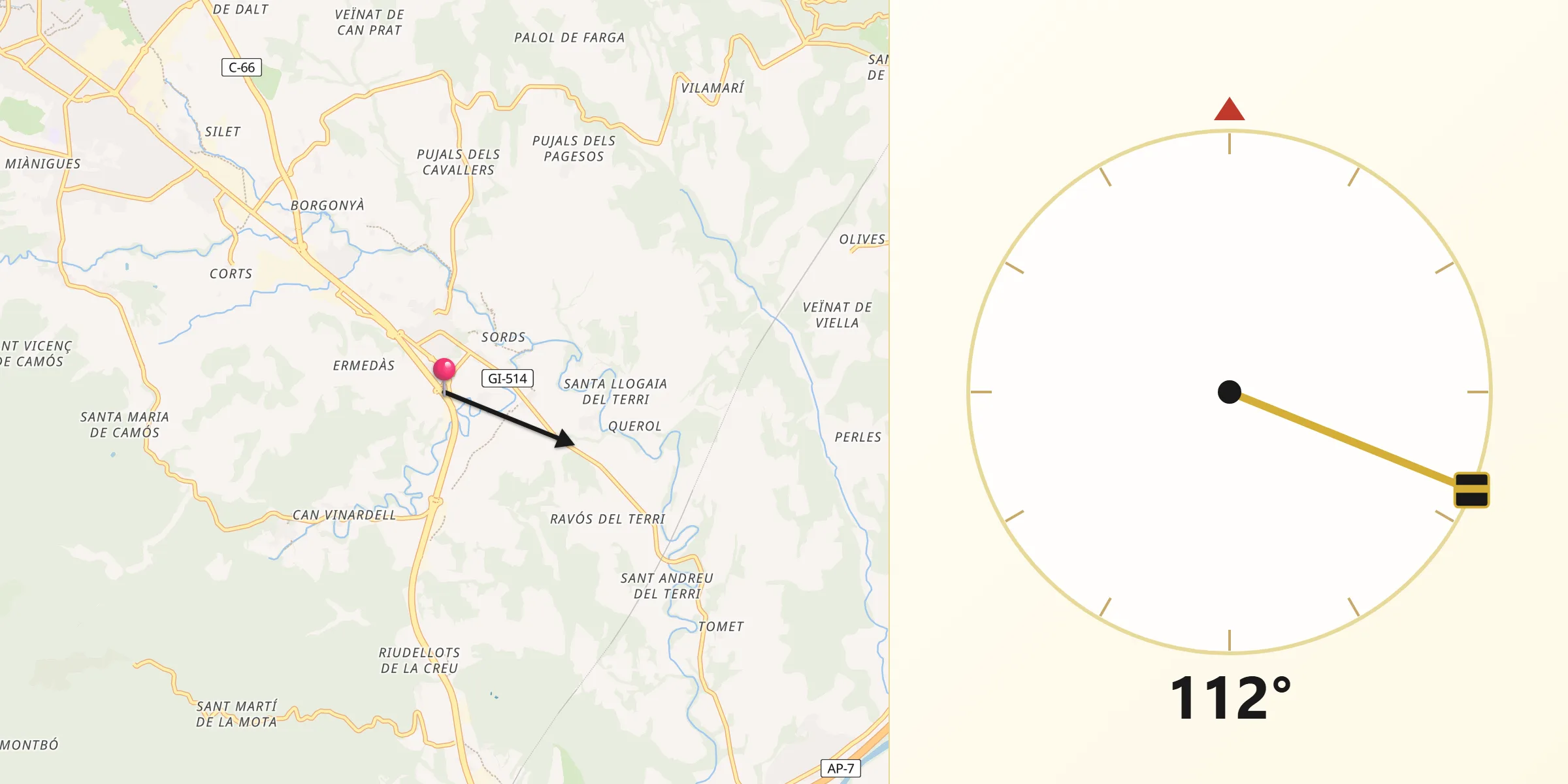 Dirección de la Qibla desde Cornellà del Terri