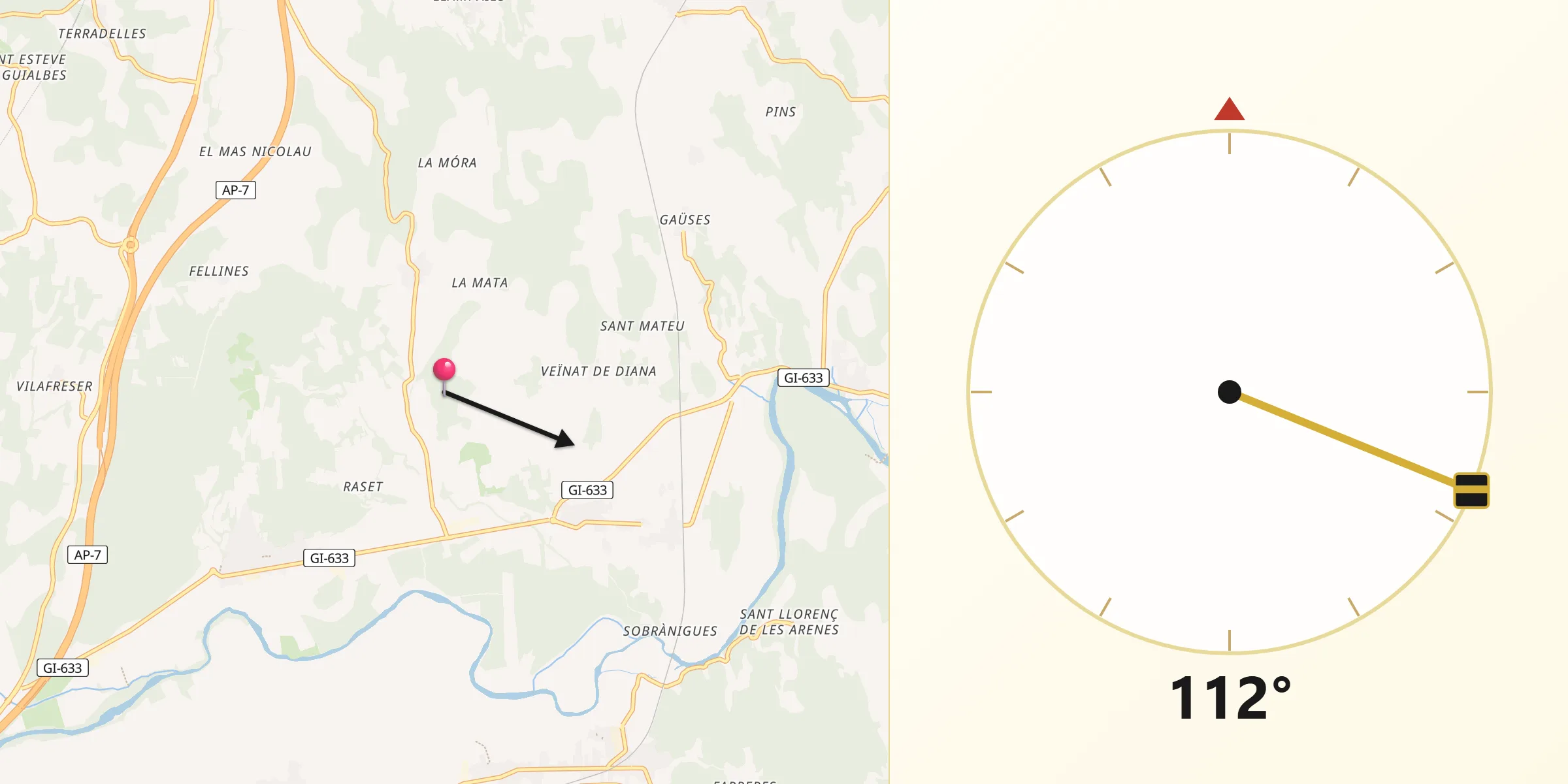 Dirección de la Qibla desde Viladasens