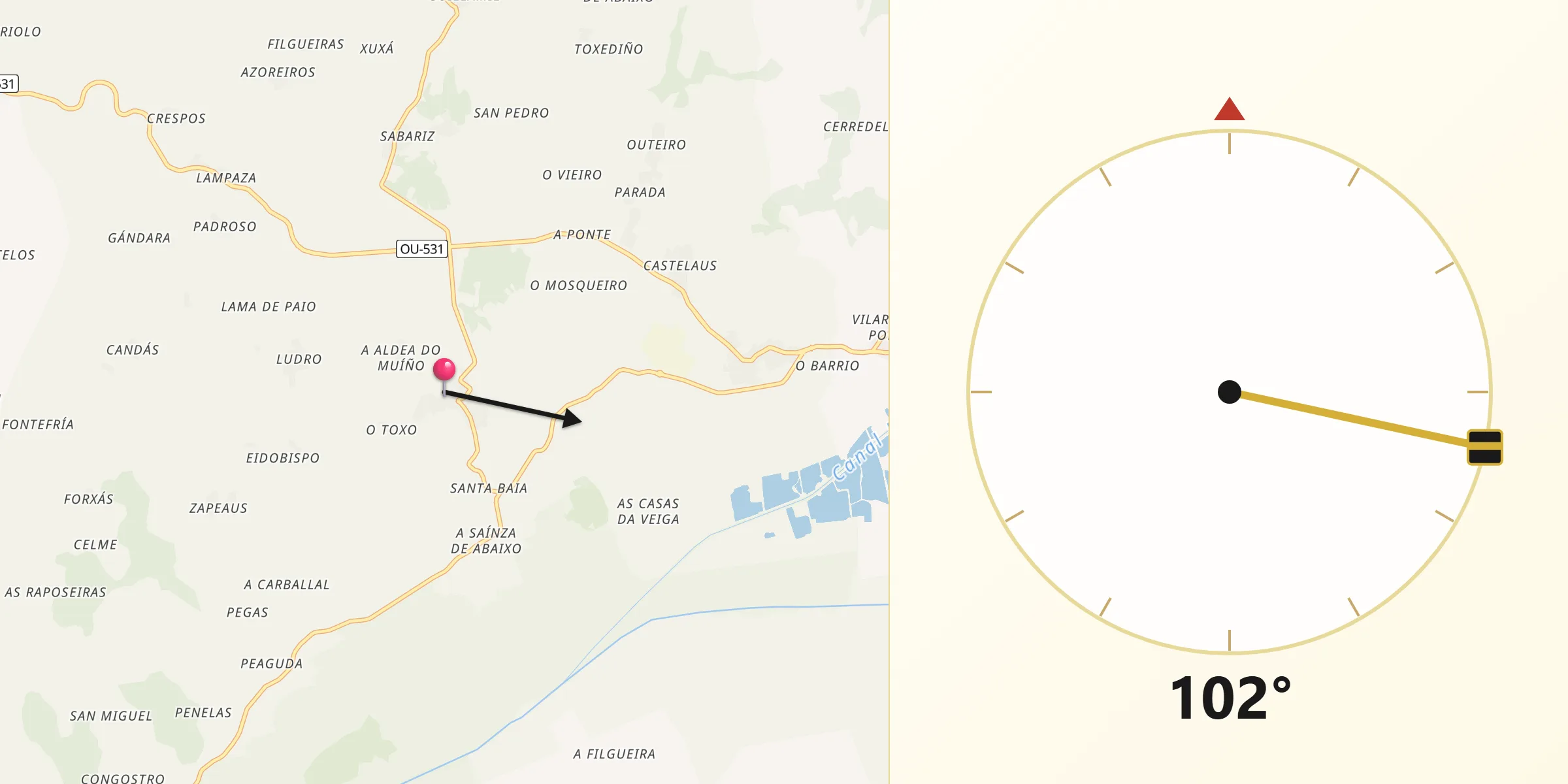 Dirección de la Qibla desde Rairiz de Veiga
