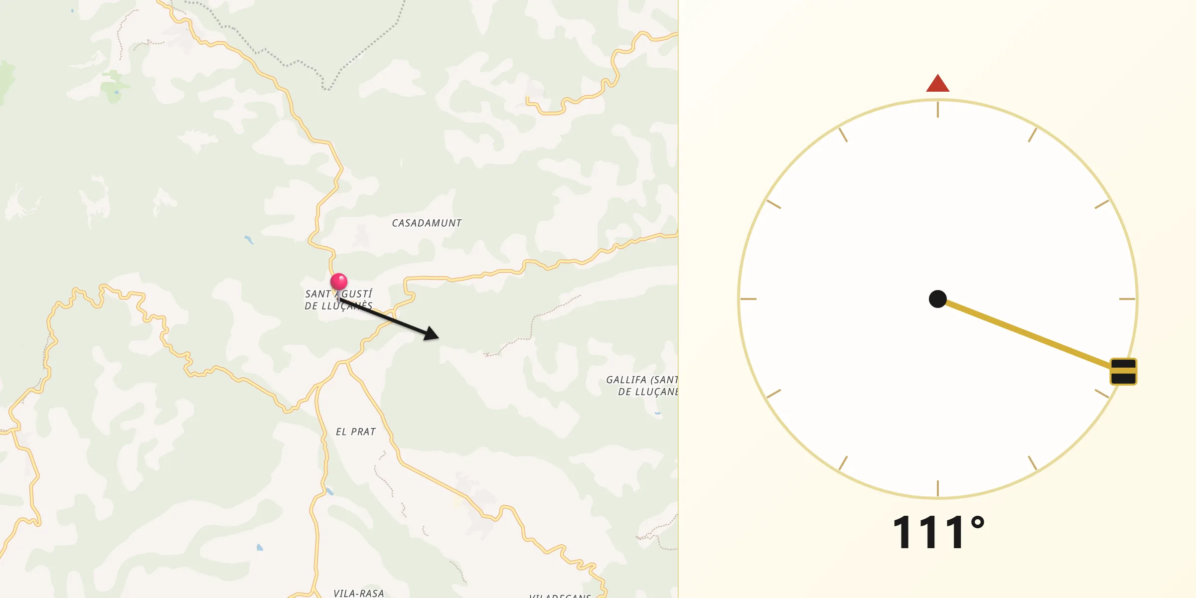 Dirección de la Qibla desde Sant Agustí de Lluçanès