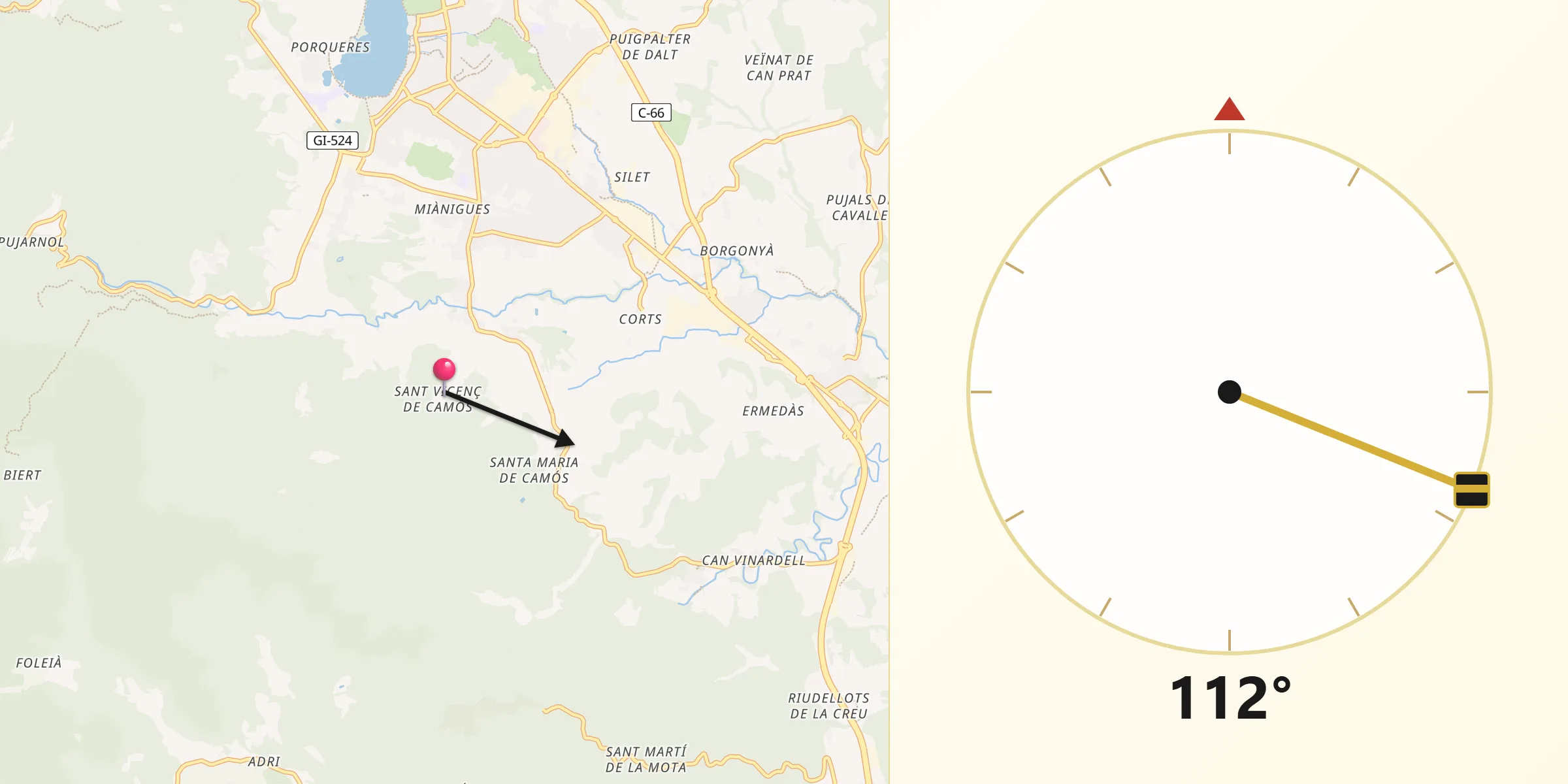 Dirección de la Qibla desde Camós