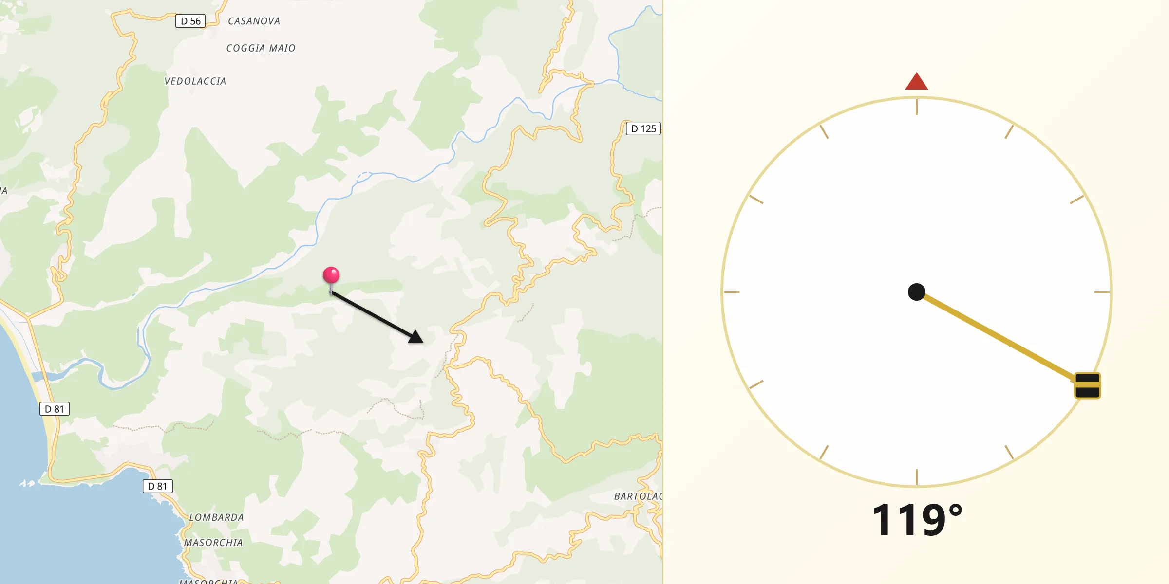 Direction vers la Qibla depuis Lopigna
