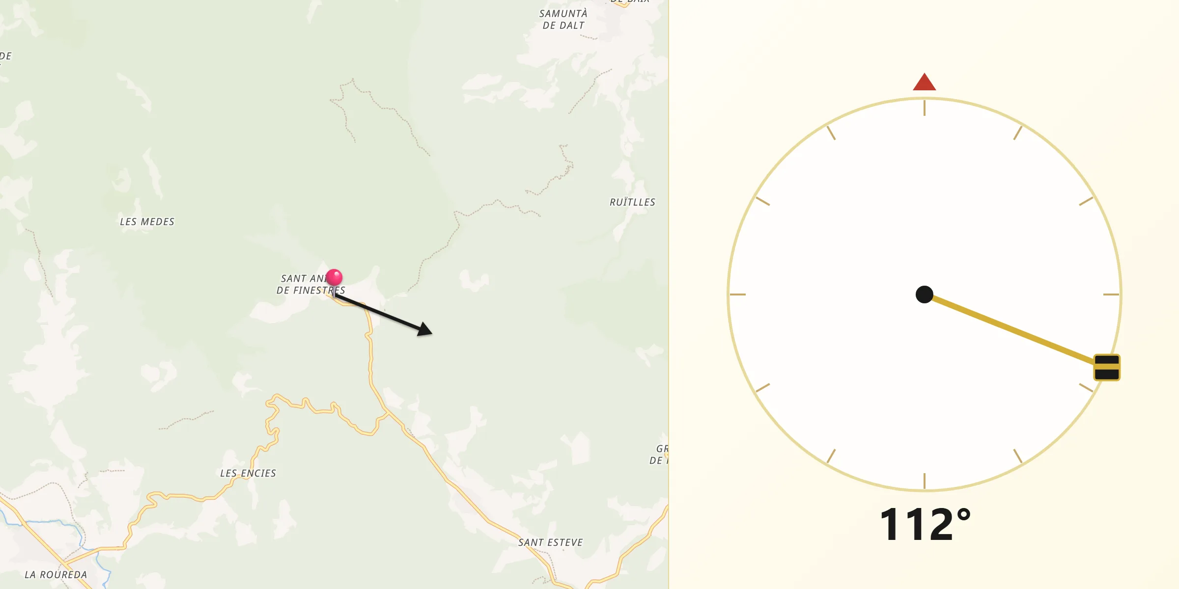 Dirección de la Qibla desde Sant Aniol de Finestres
