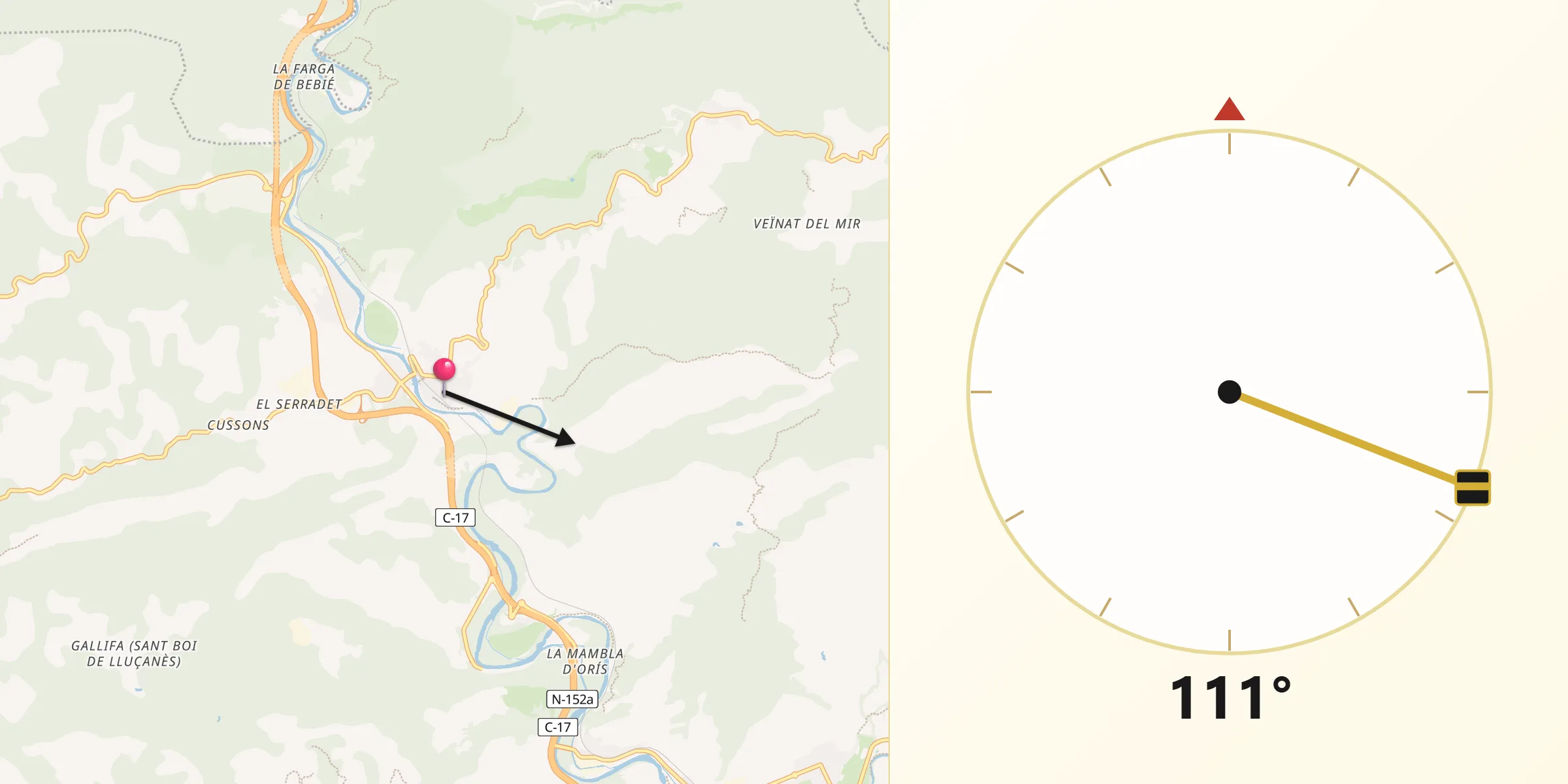 Dirección de la Qibla desde Sant Quirze de Besora