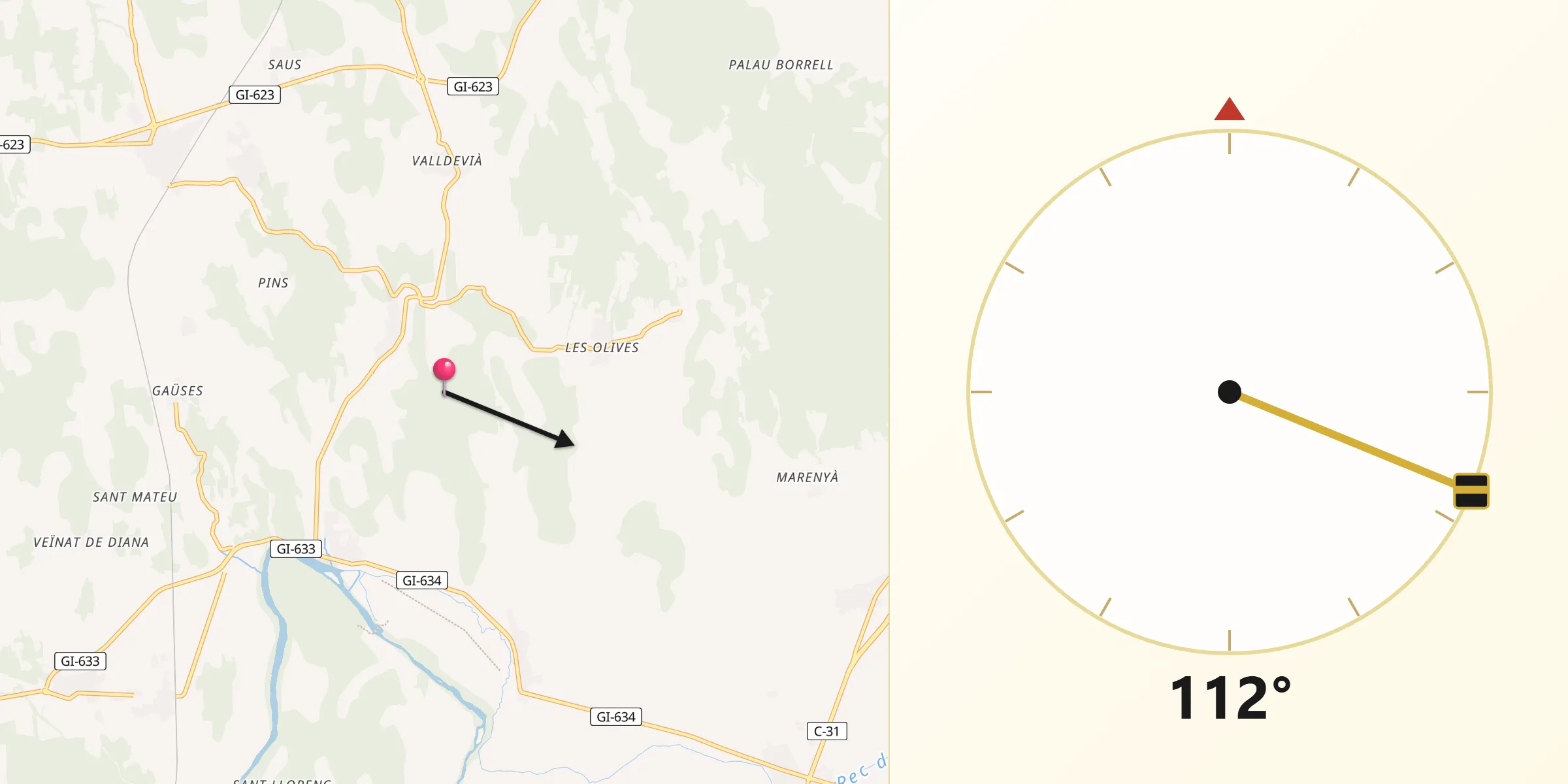 Dirección de la Qibla desde Vilopriu