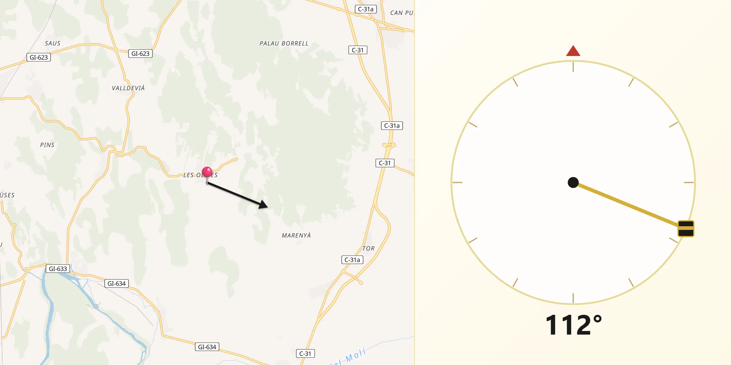 Dirección de la Qibla desde Garrigoles