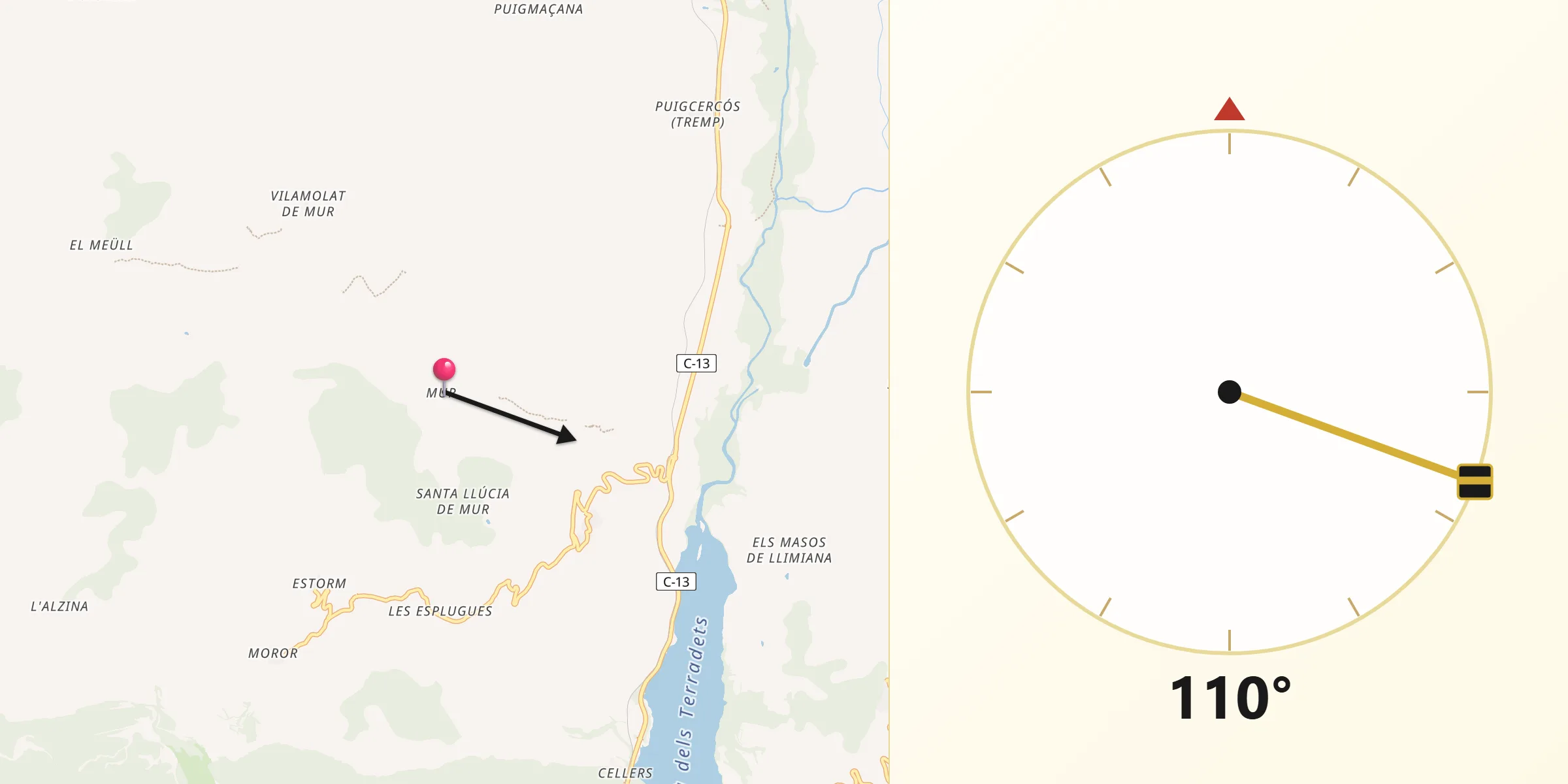 Dirección de la Qibla desde Castell de Mur