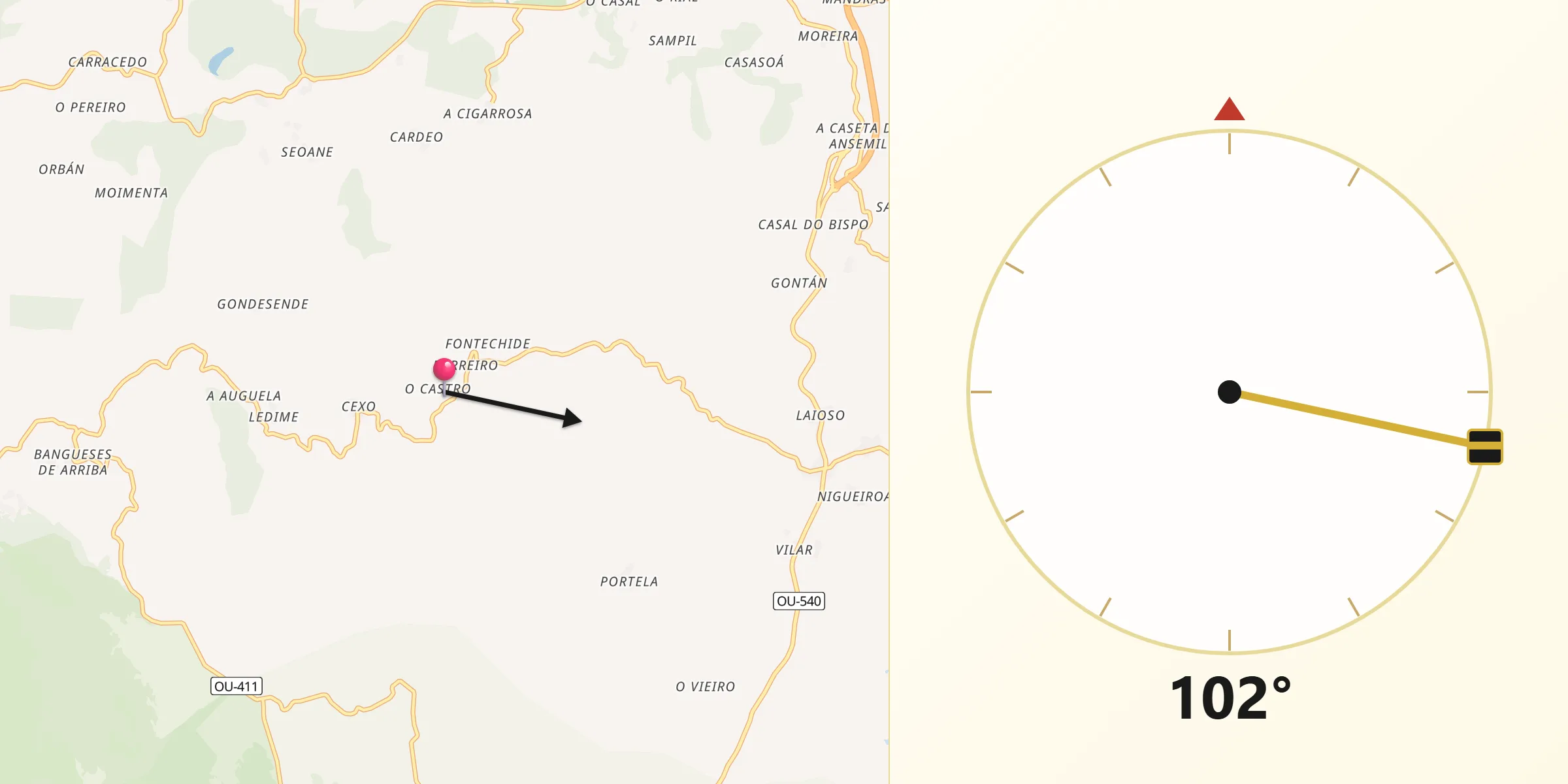 Dirección de la Qibla desde Verea